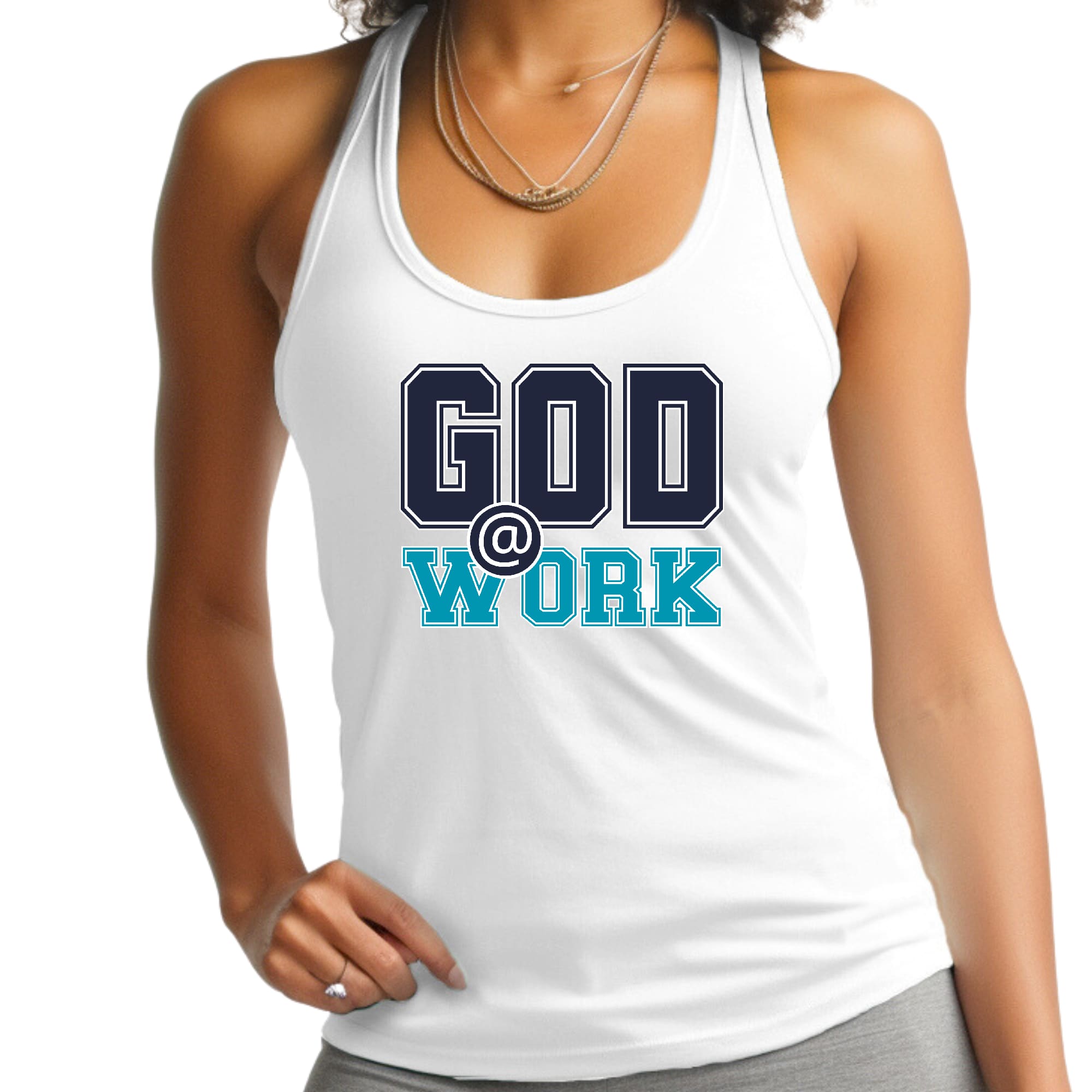 Womens Fitness Tank Top Graphic T-shirt - God @ Work Navy Blue