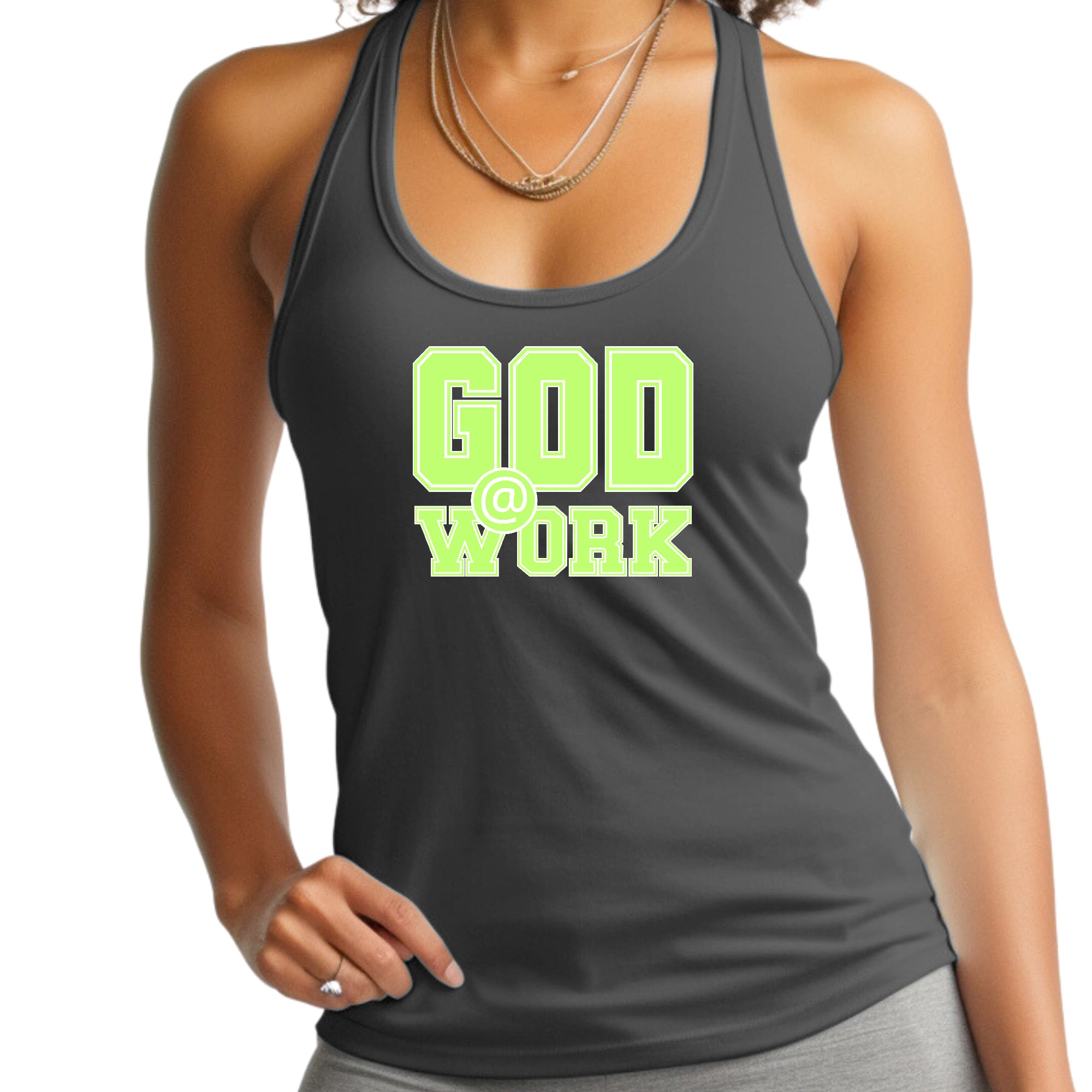 Womens Fitness Tank Top Graphic T-shirt - God @ Work Neon Green