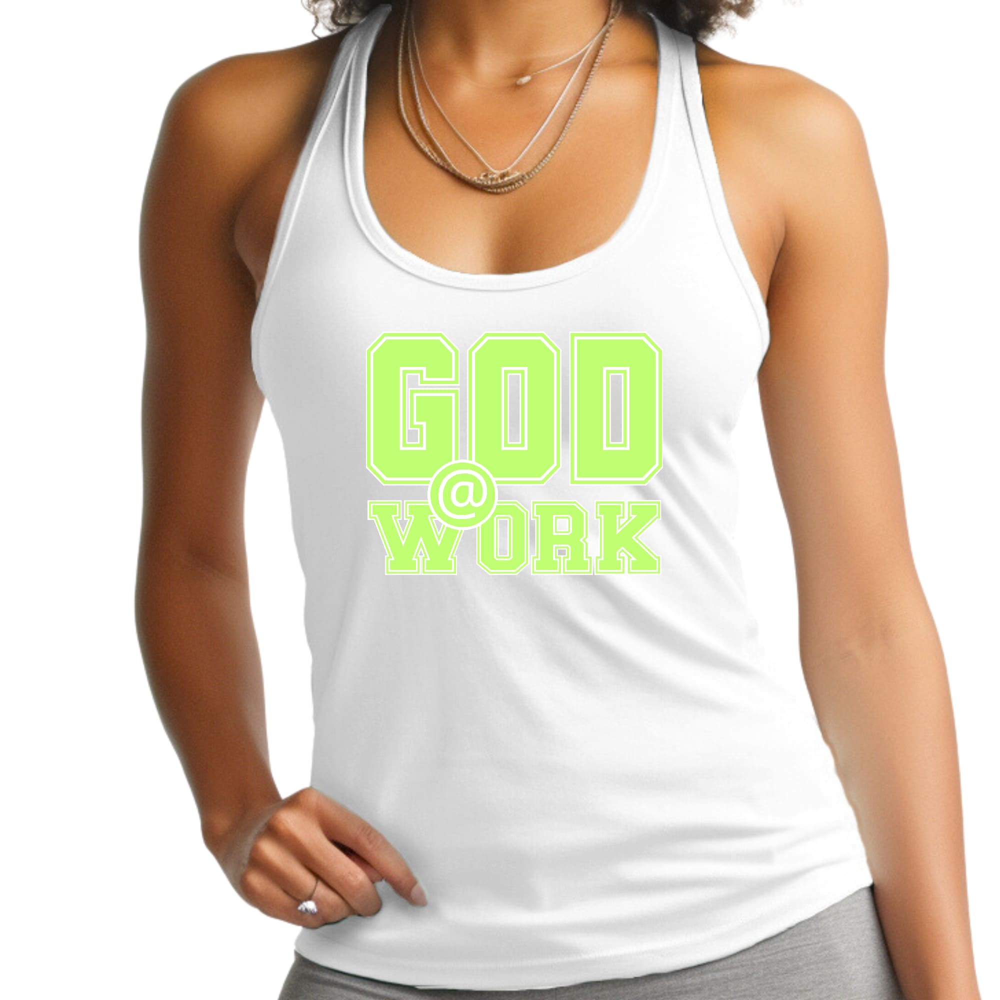 Womens Fitness Tank Top Graphic T-shirt - God @ Work Neon Green