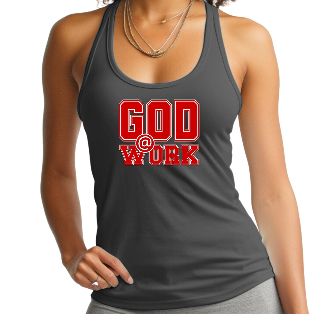 Womens Fitness Tank Top Graphic T-shirt - God @ Work Red and White