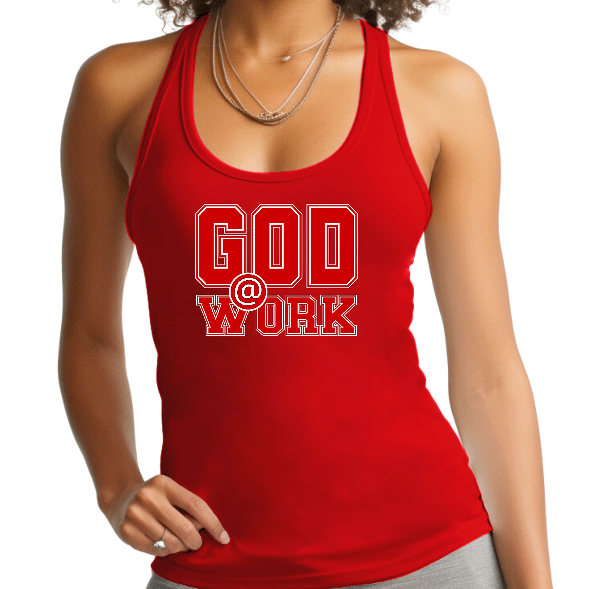 Womens Fitness Tank Top Graphic T-shirt - God @ Work Red and White