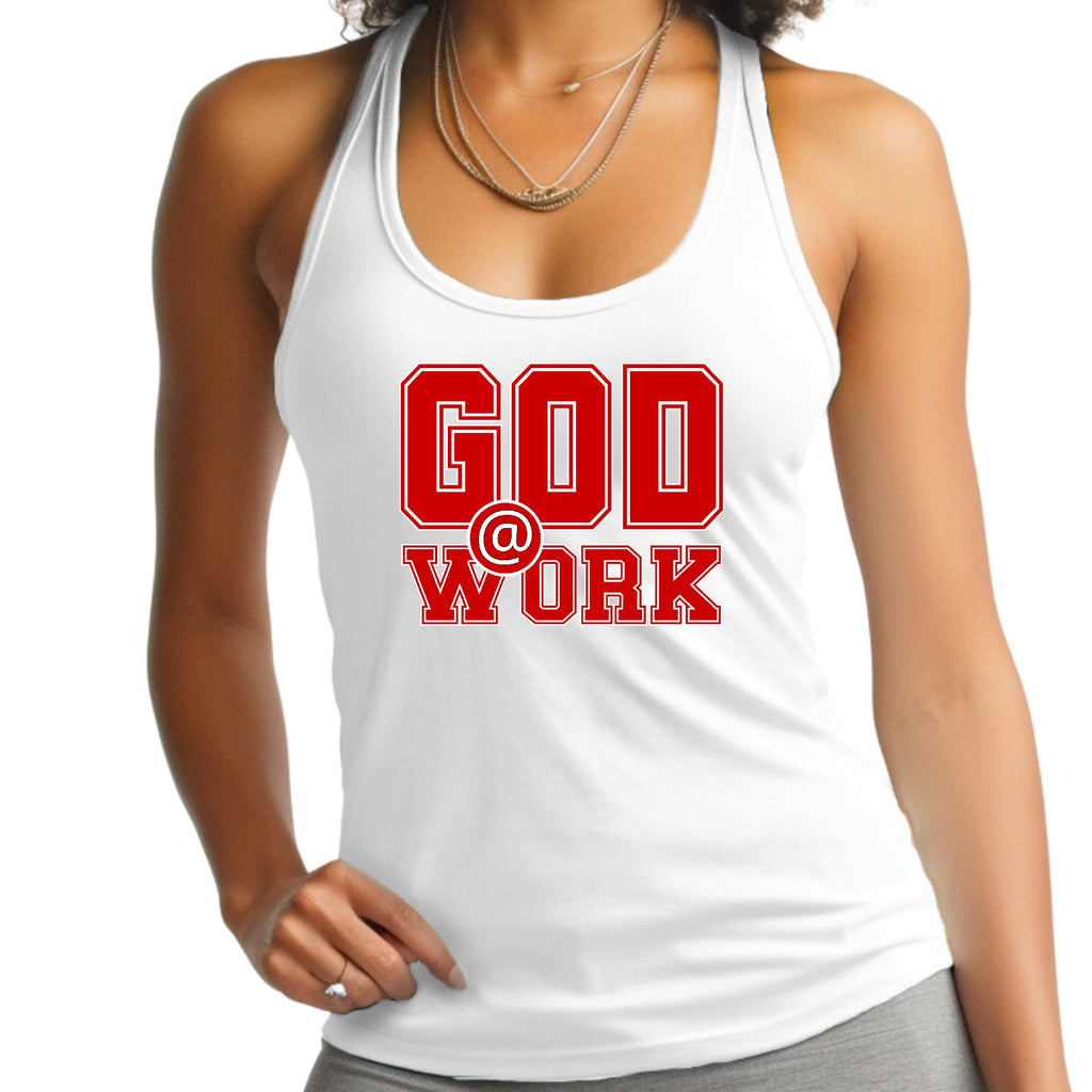 Womens Fitness Tank Top Graphic T-shirt - God @ Work Red and White