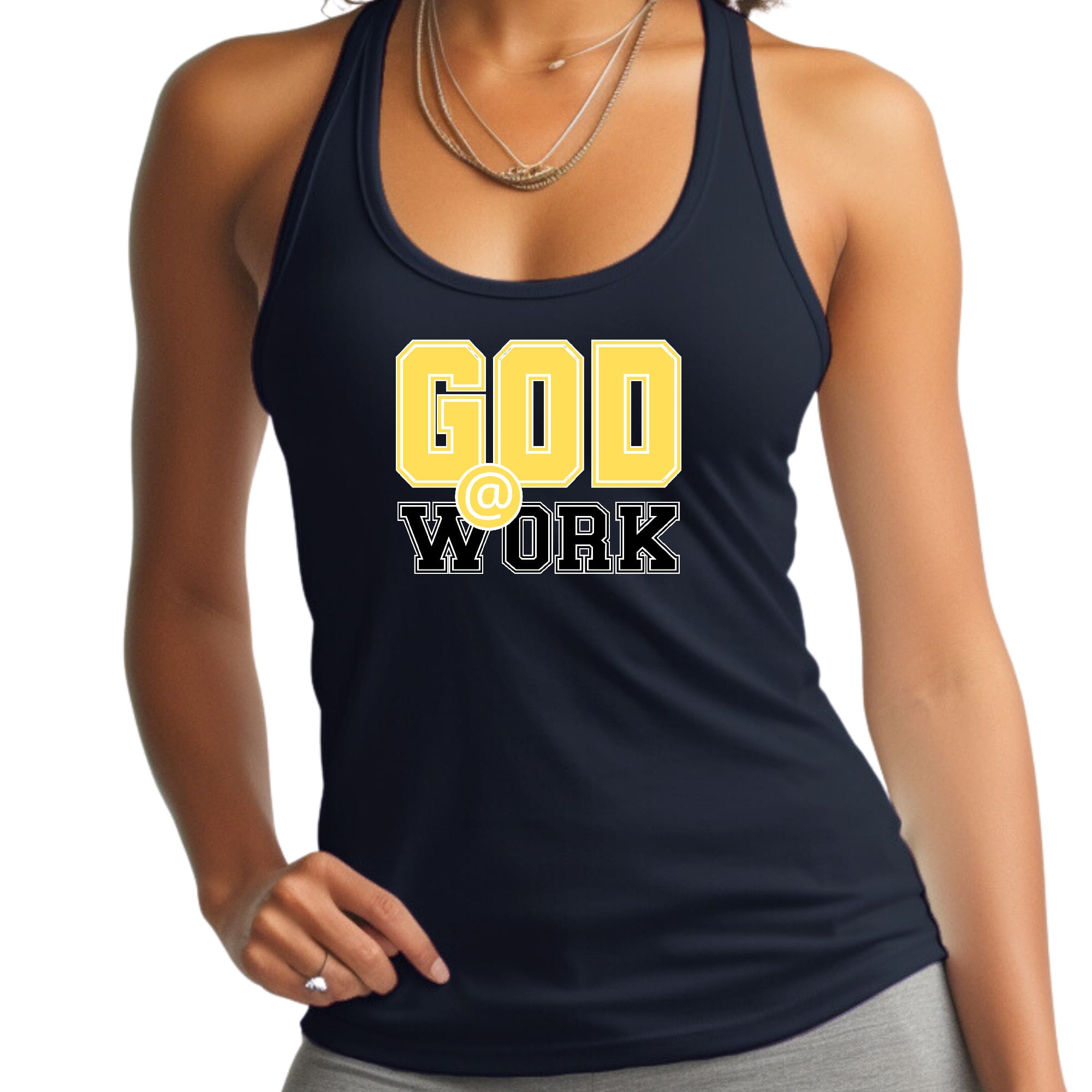 Womens Fitness Tank Top Graphic T-shirt - God @ Work Yellow and Black