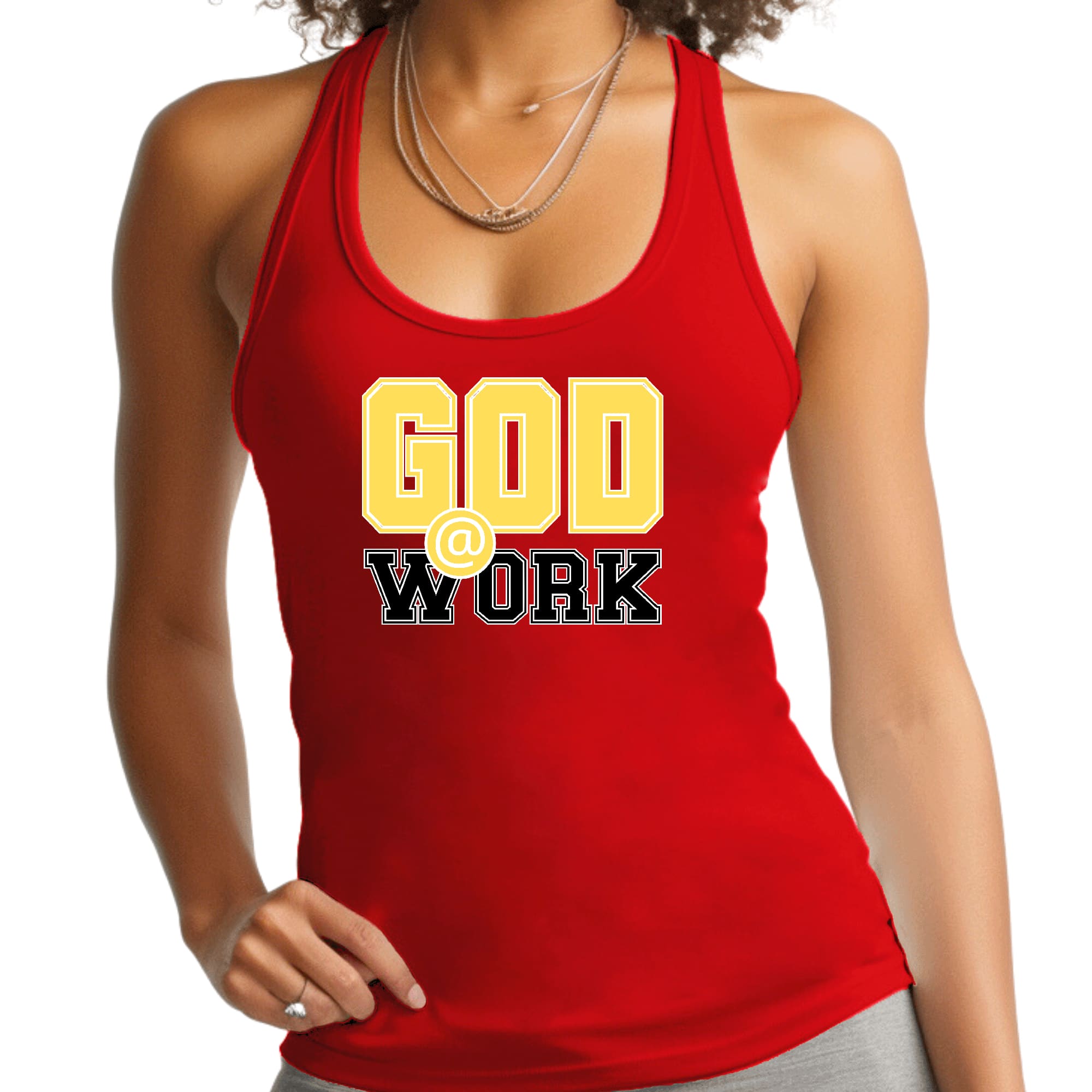 Womens Fitness Tank Top Graphic T-shirt - God @ Work Yellow and Black