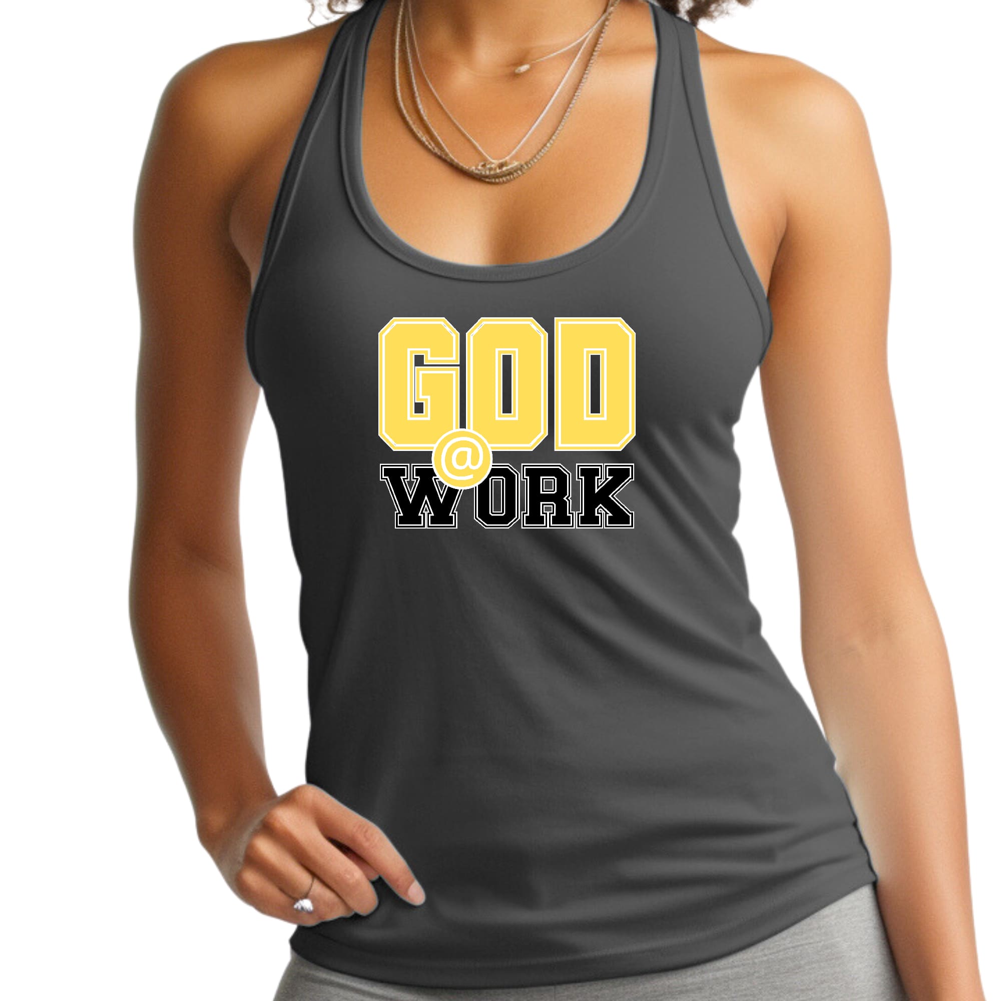 Womens Fitness Tank Top Graphic T-shirt - God @ Work Yellow and Black