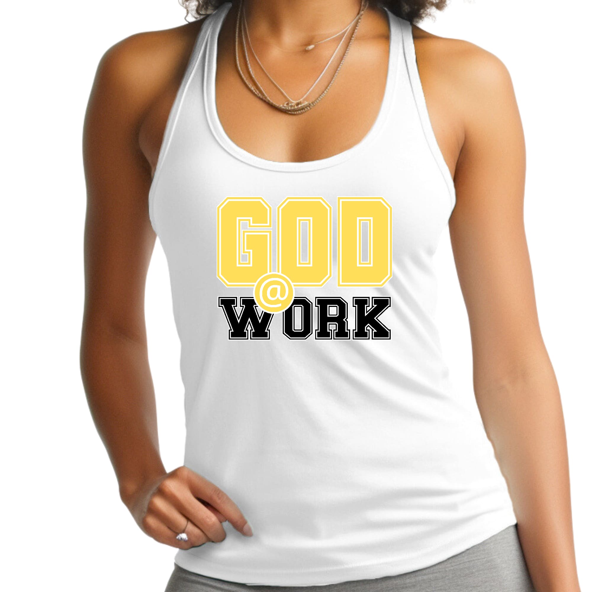 Womens Fitness Tank Top Graphic T-shirt - God @ Work Yellow and Black