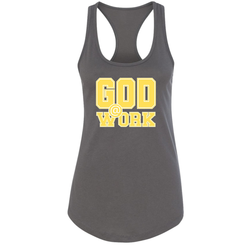 Womens Fitness Tank Top Graphic T-shirt - God @ Work Yellow and White