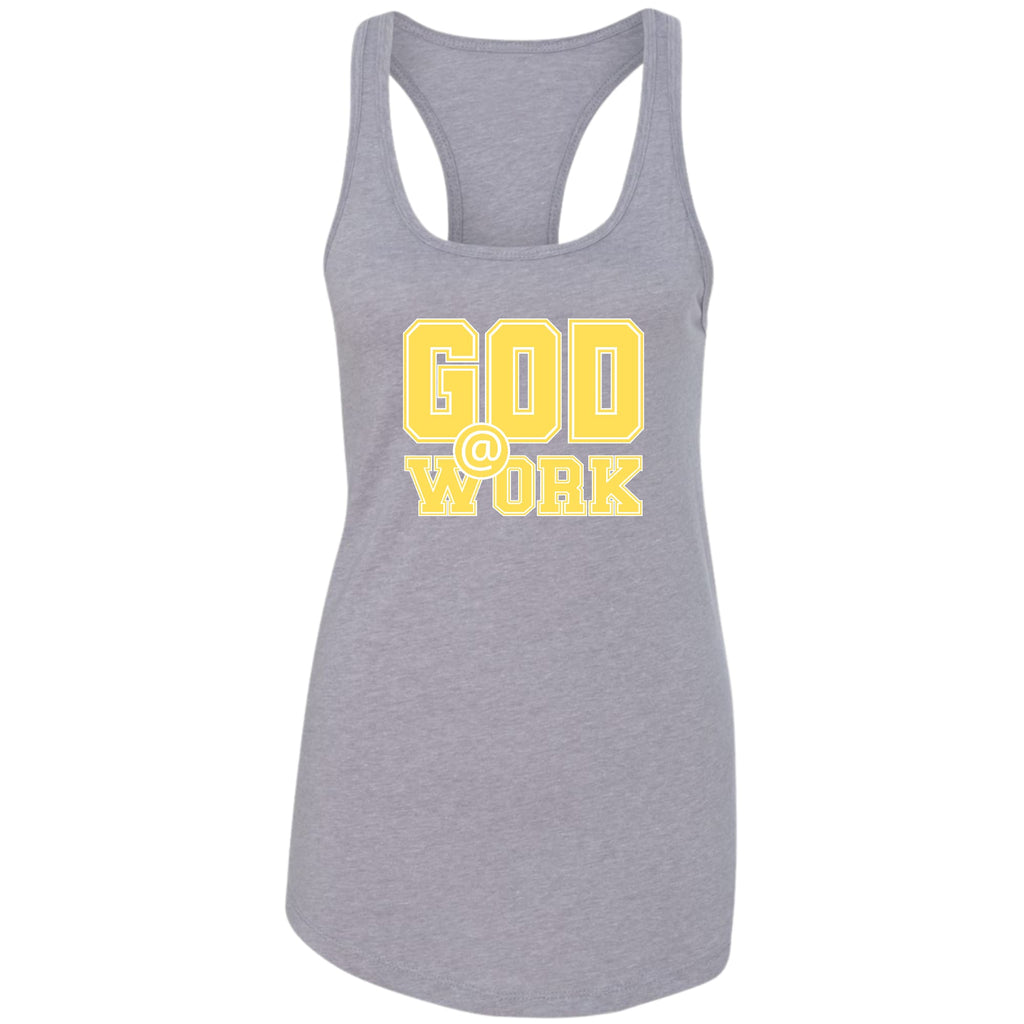 Womens Fitness Tank Top Graphic T-shirt - God @ Work Yellow and White
