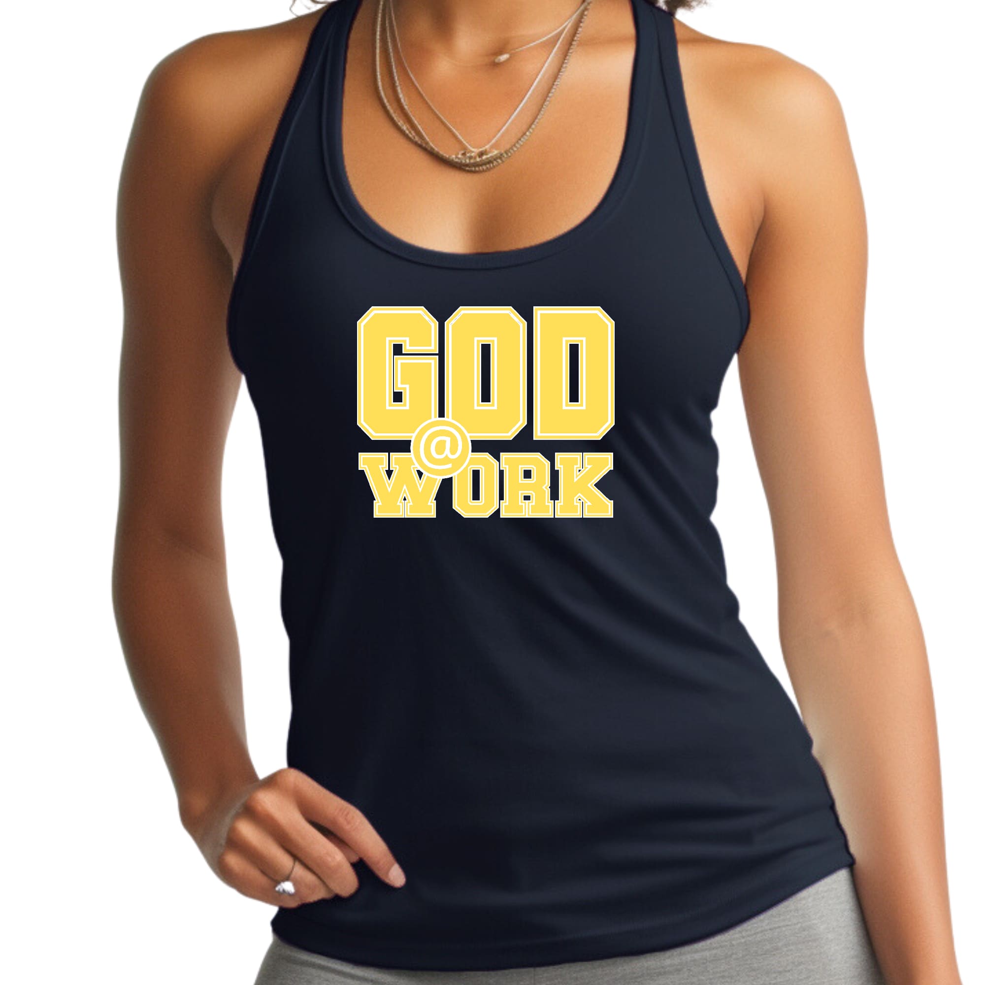 Womens Fitness Tank Top Graphic T-shirt - God @ Work Yellow and White