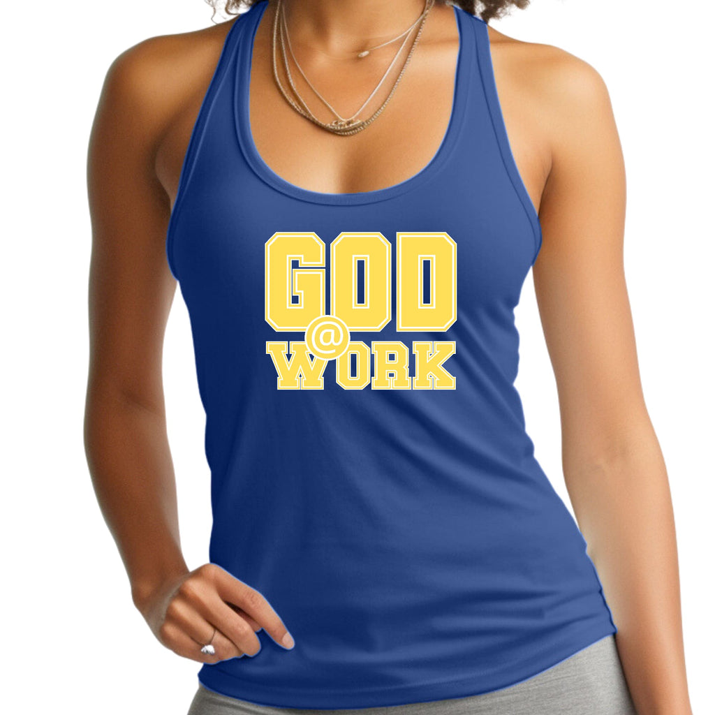 Womens Fitness Tank Top Graphic T-shirt - God @ Work Yellow and White
