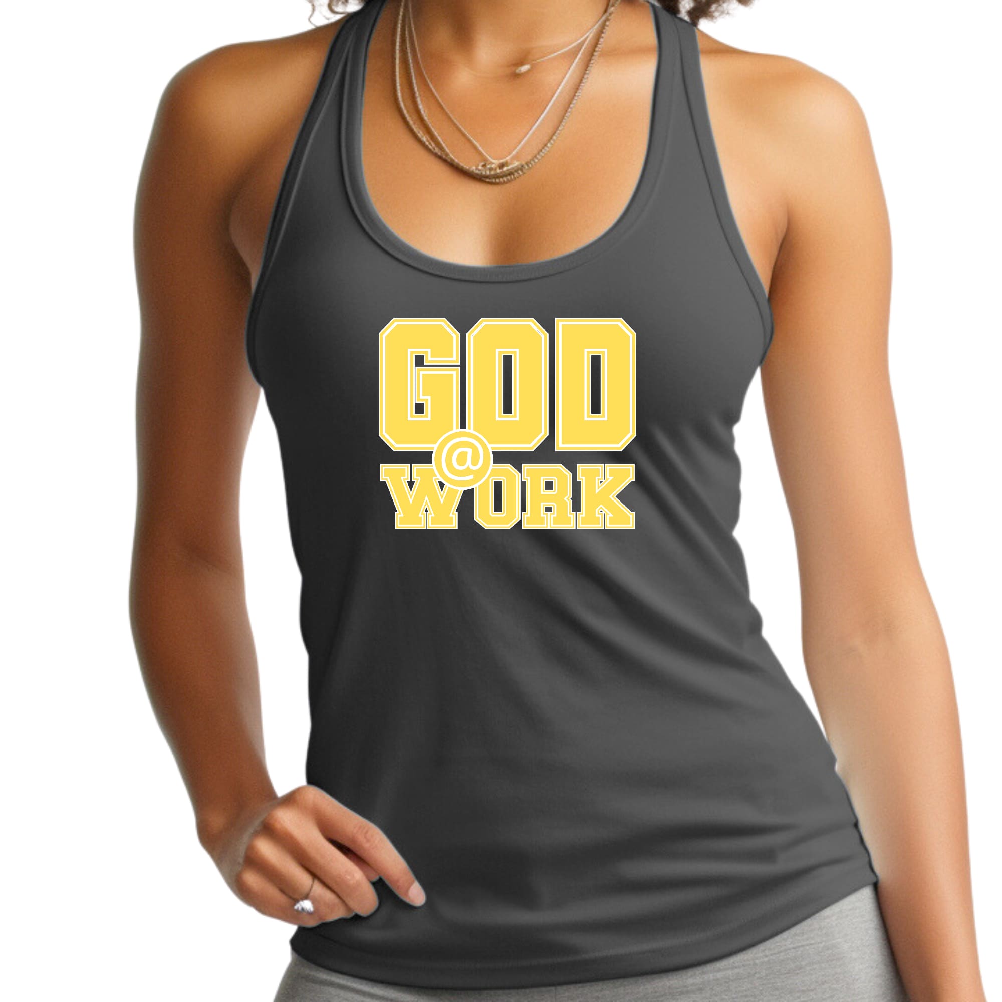 Womens Fitness Tank Top Graphic T-shirt - God @ Work Yellow and White