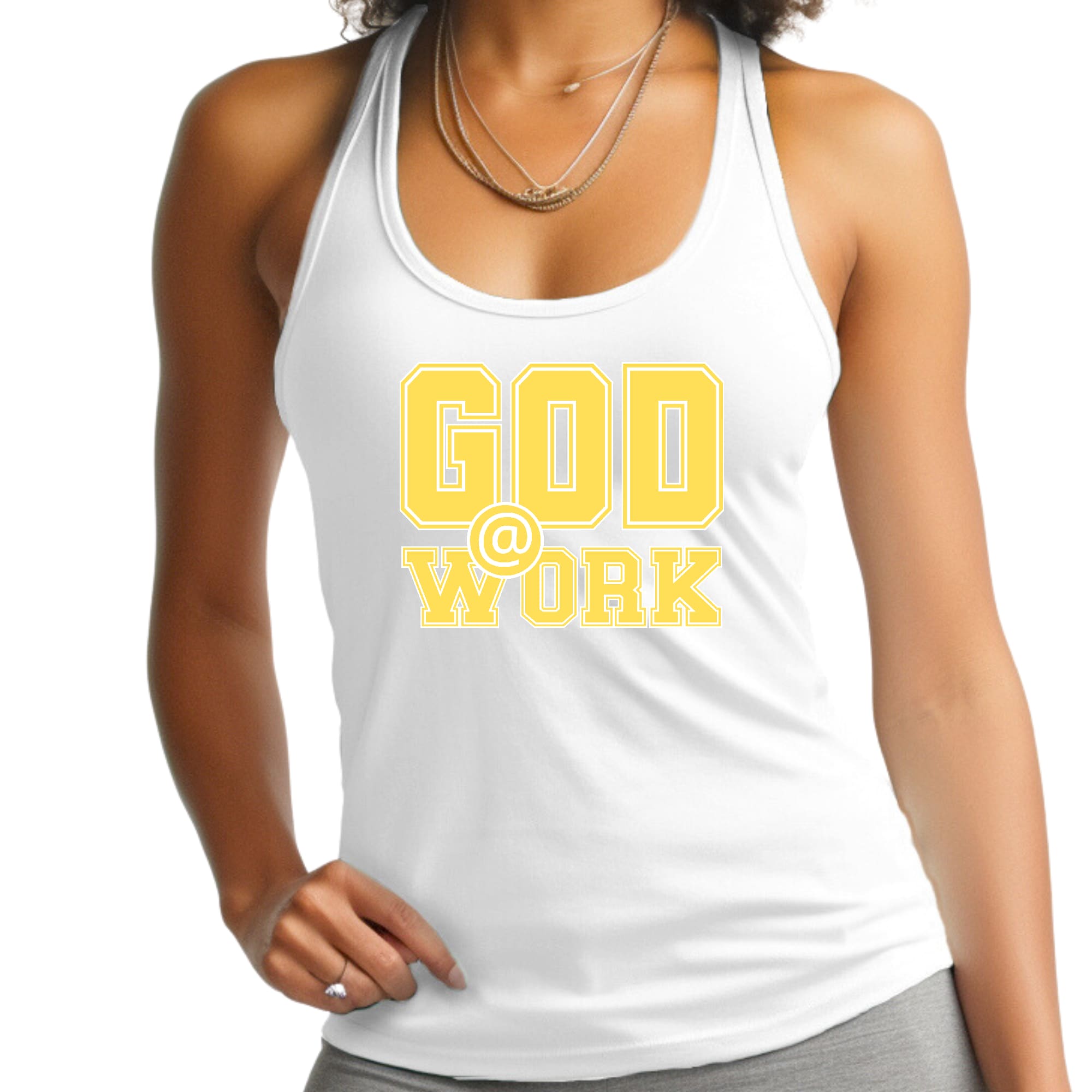 Womens Fitness Tank Top Graphic T-shirt - God @ Work Yellow and White
