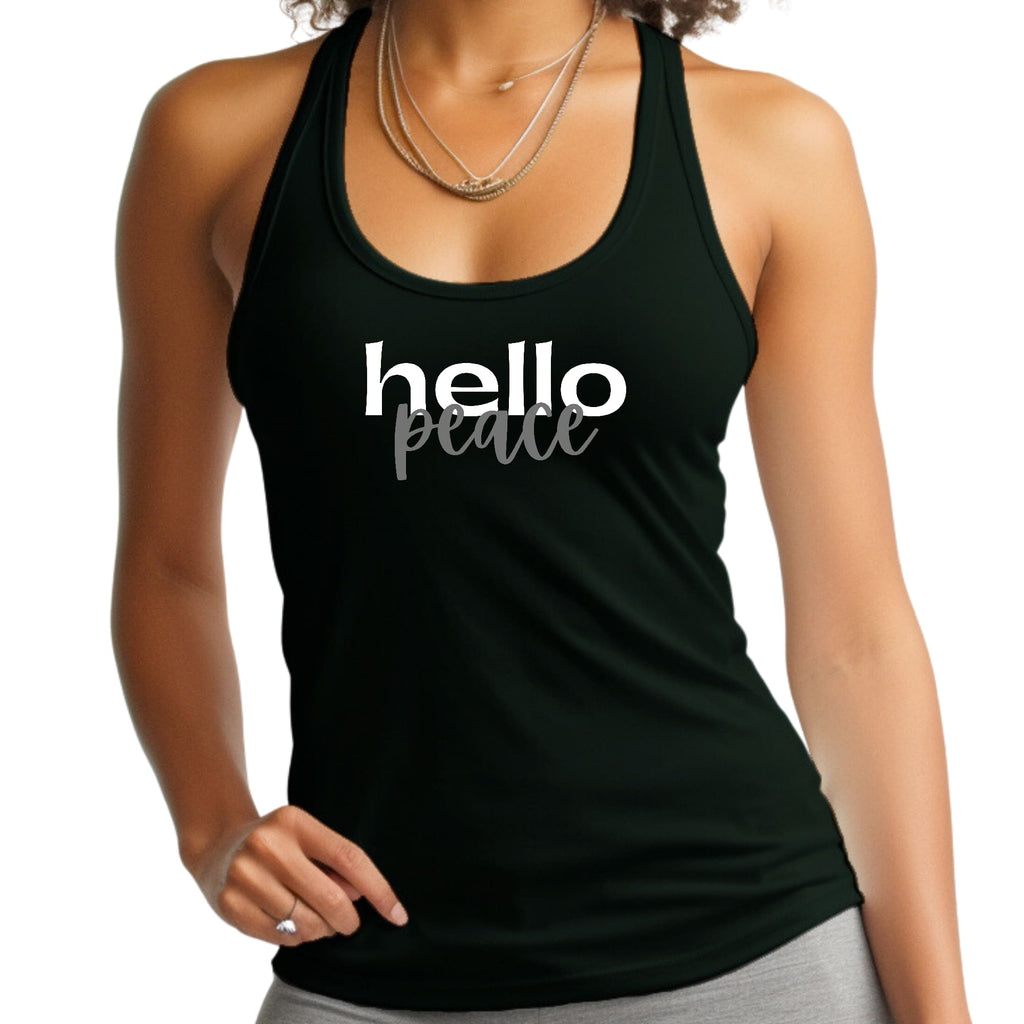 Womens Fitness Tank Top Graphic T-shirt - Hello Peace White and Gray