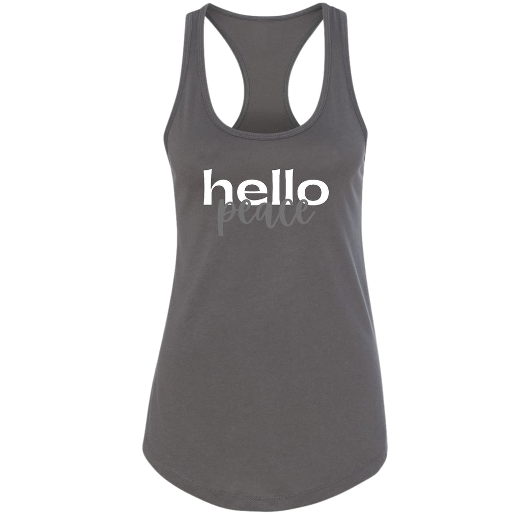 Womens Fitness Tank Top Graphic T-shirt - Hello Peace White and Gray