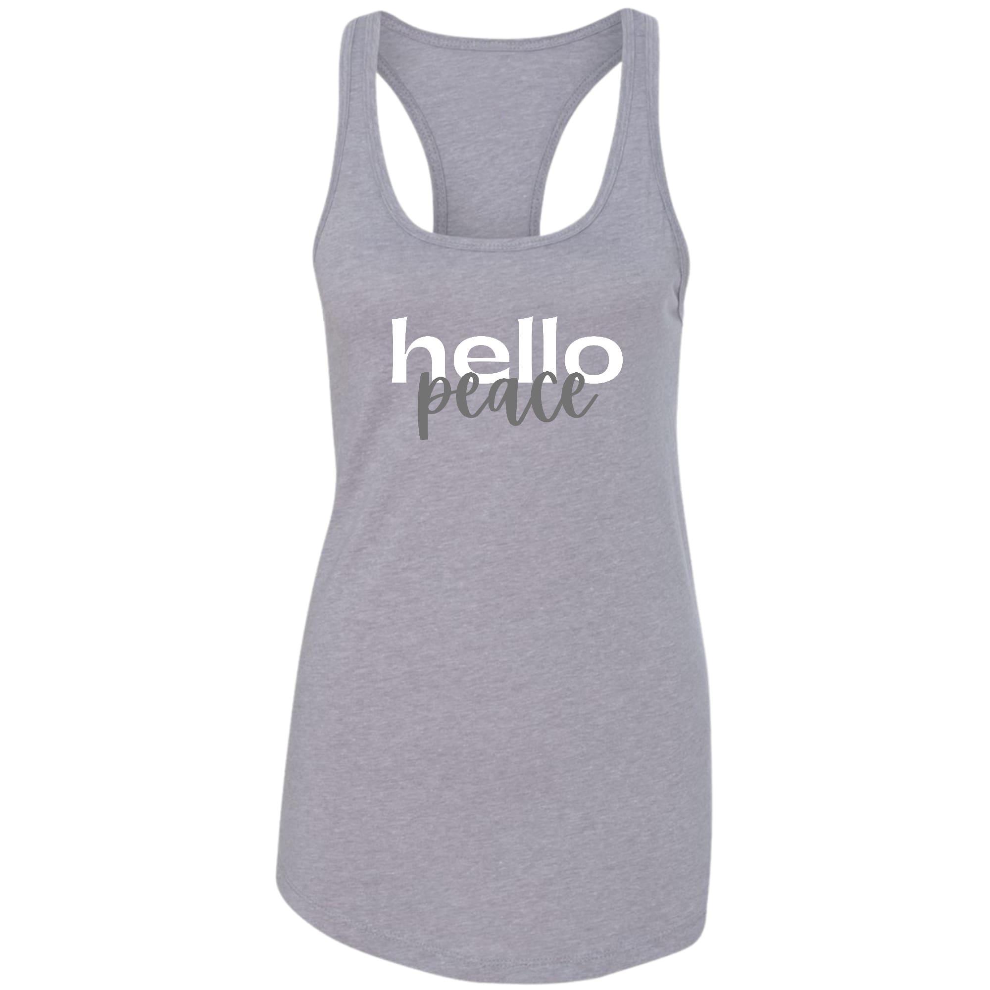 Womens Fitness Tank Top Graphic T-shirt - Hello Peace White and Gray
