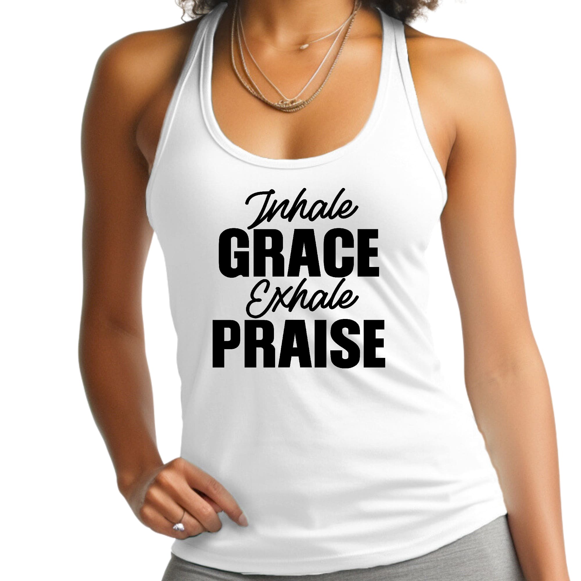 Womens Fitness Tank Top Graphic T-shirt - Inhale Grace Exhale Praise