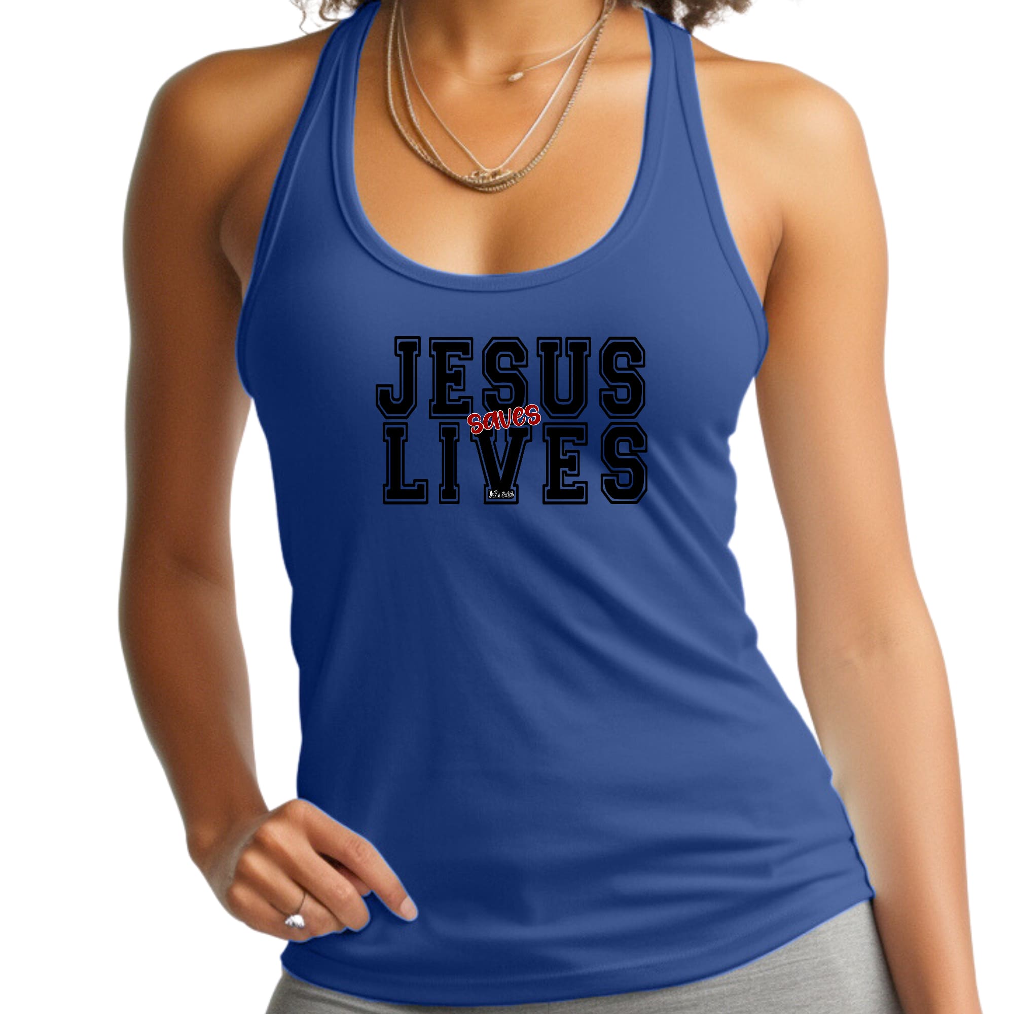 Womens Fitness Tank Top Graphic T-shirt - Jesus Saves Lives Black Red