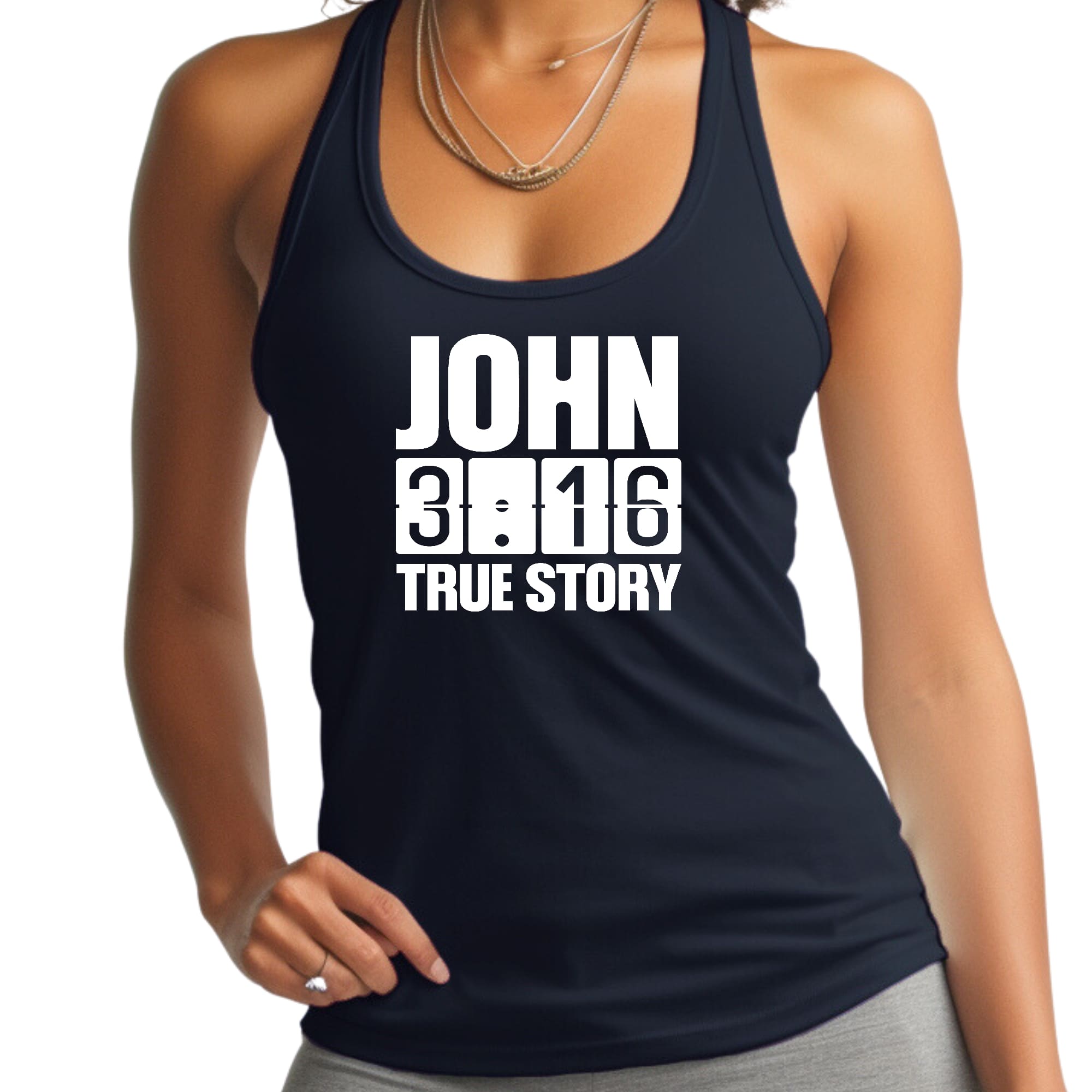 Womens Fitness Tank Top Graphic T-shirt John 3:16 True Story Print