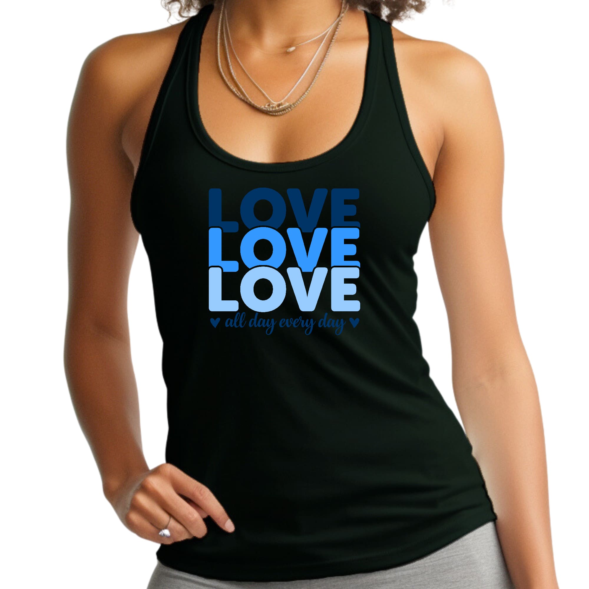 Womens Fitness Tank Top Graphic T-shirt Love All Day Every Day Blue