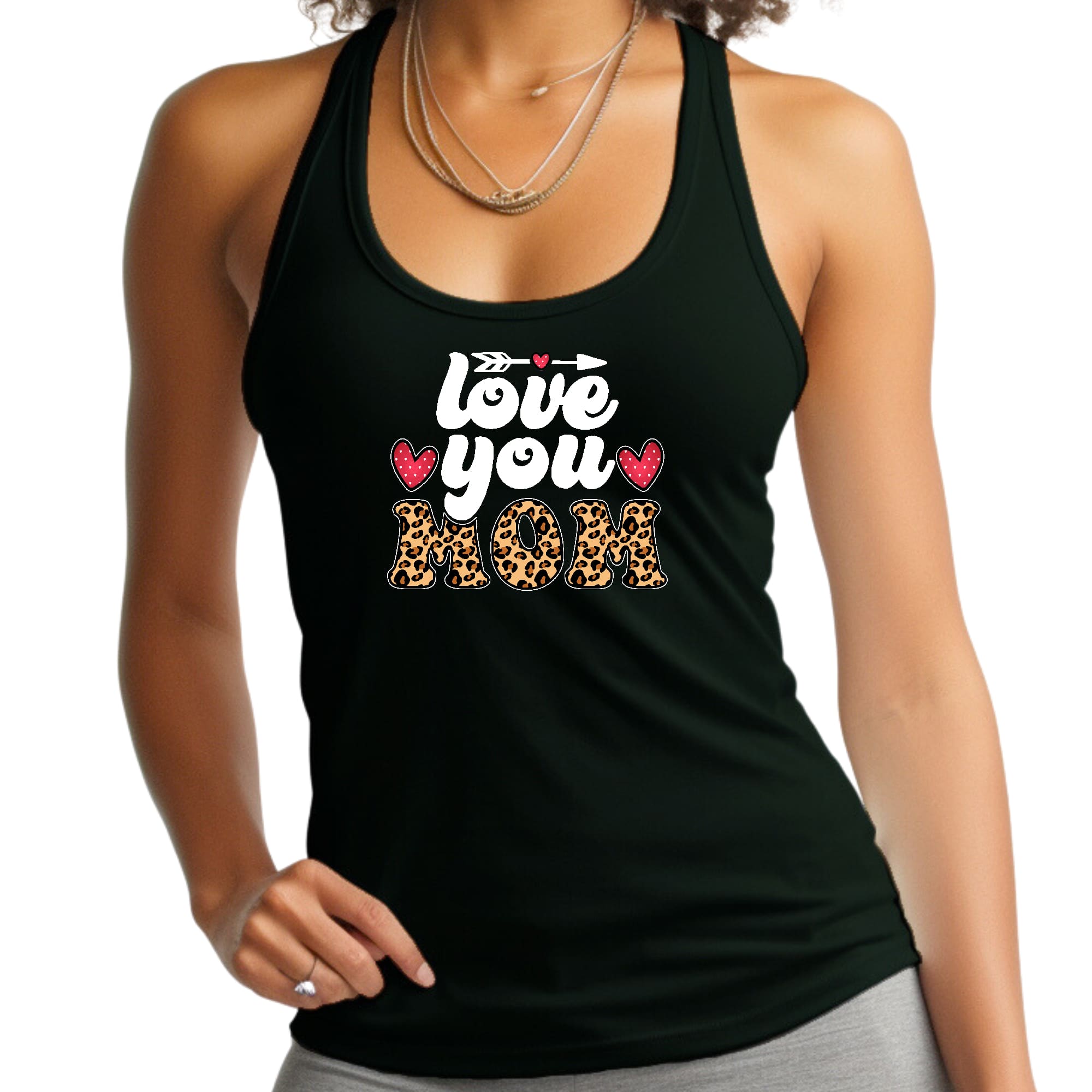 Womens Fitness Tank Top Graphic T-shirt Love you Mom Leopard Print