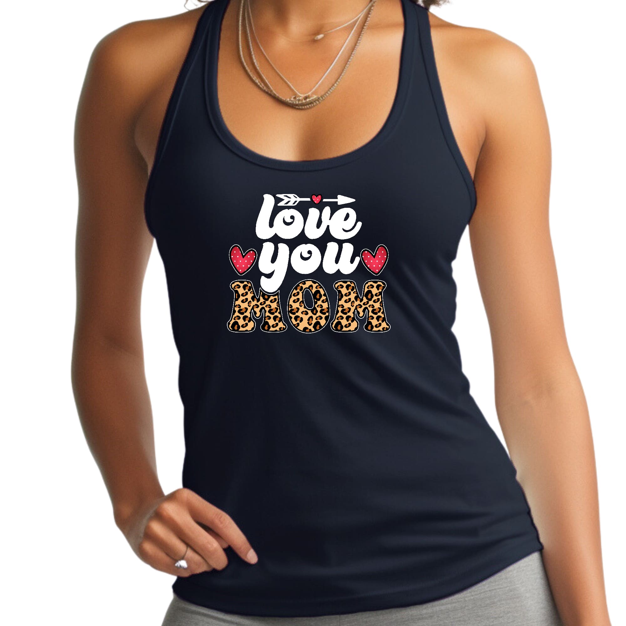 Womens Fitness Tank Top Graphic T-shirt Love you Mom Leopard Print