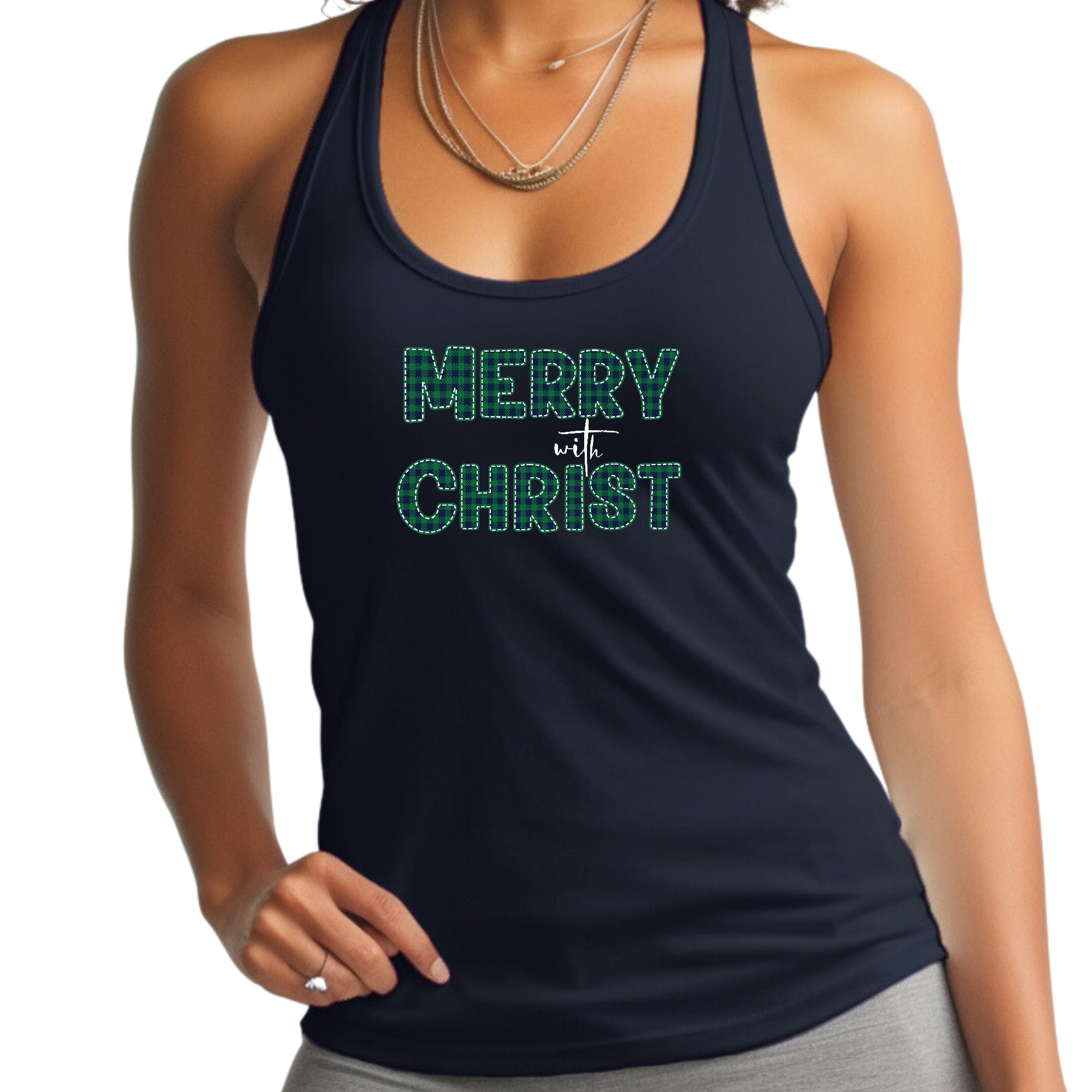 Womens Fitness Tank Top Graphic T-shirt Merry with Christ - Green