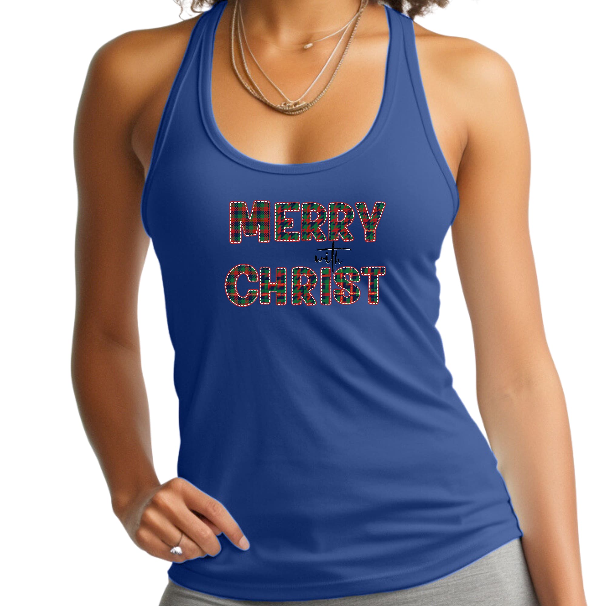 Womens Fitness Tank Top Graphic T-shirt - Merry with Christ - Red