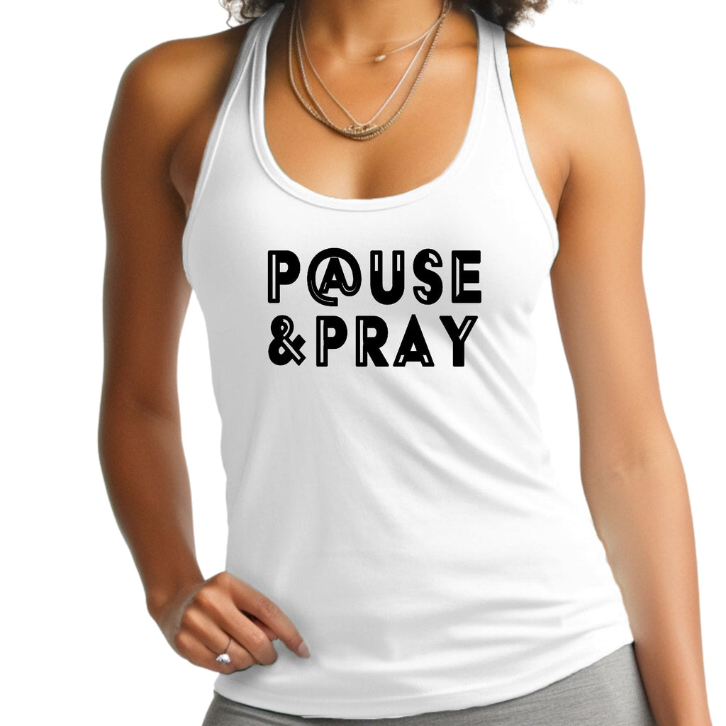 Womens Fitness Tank Top Graphic T-shirt - Pause and Pray Black