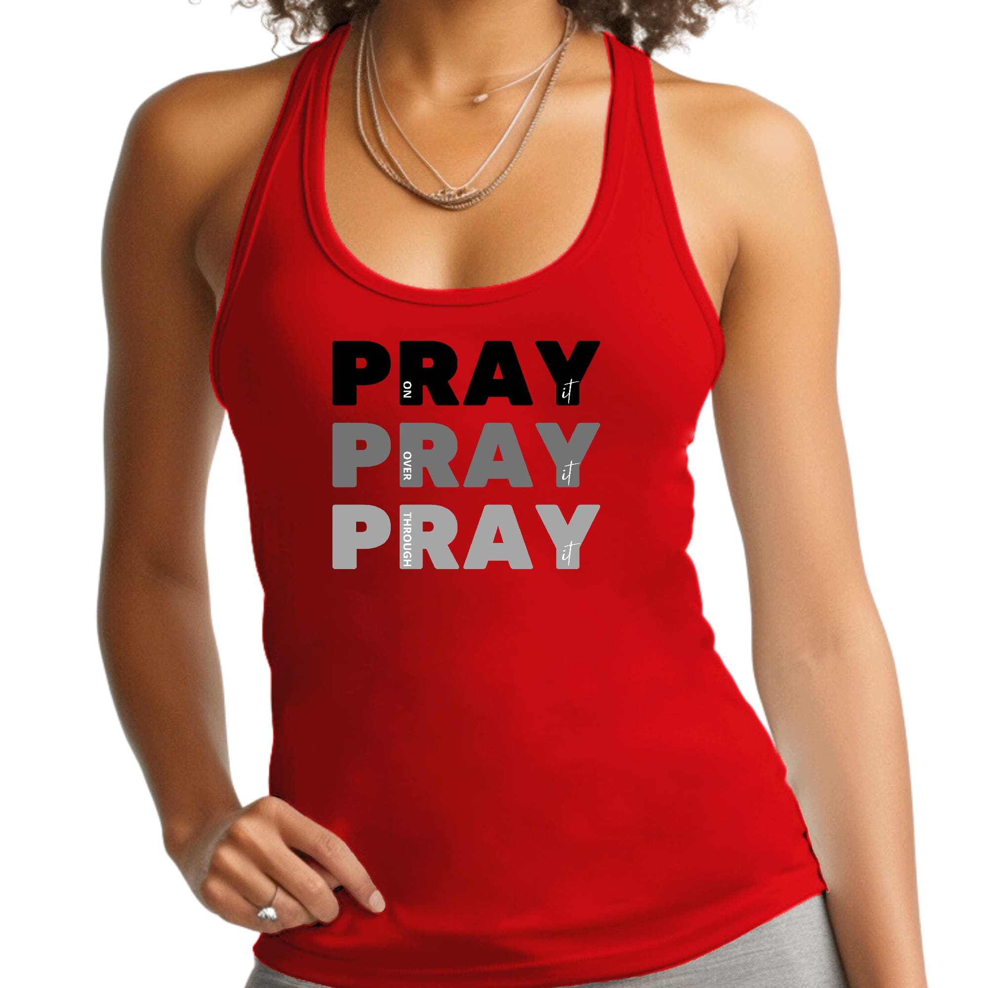 Womens Fitness Tank Top Graphic T-shirt - Pray on it Over it Through
