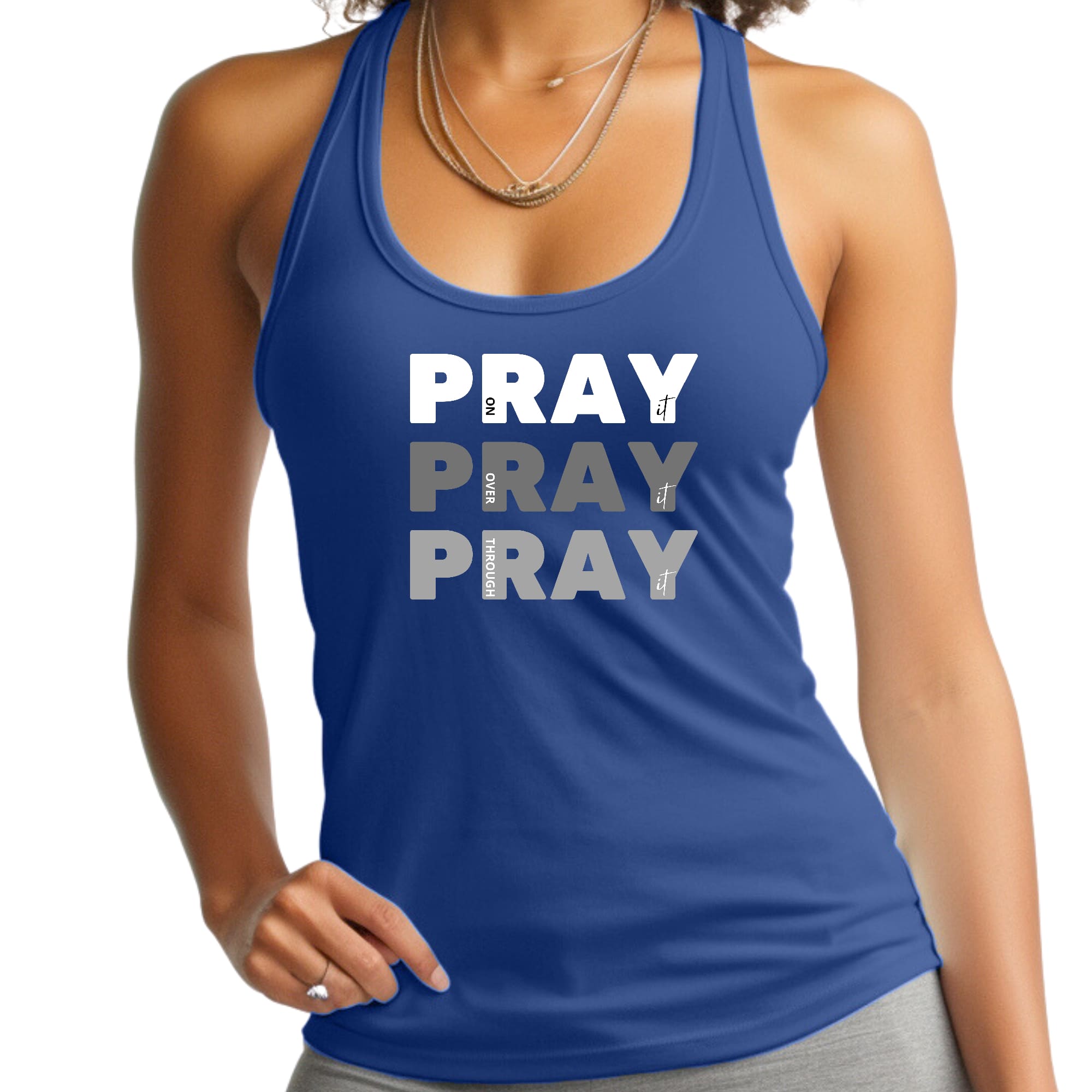 Womens Fitness Tank Top Graphic T-shirt Pray on it Over it Through