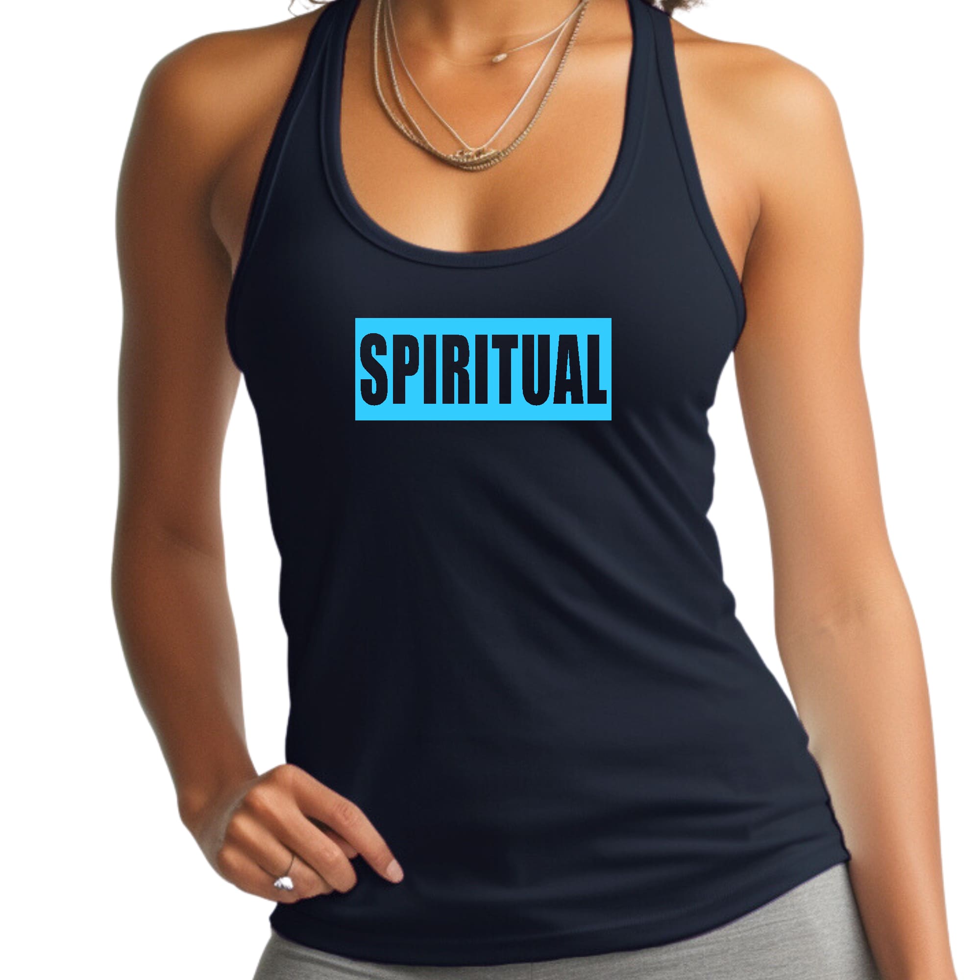 Womens Fitness Tank Top Graphic T-shirt - Spiritual Light Blue Print