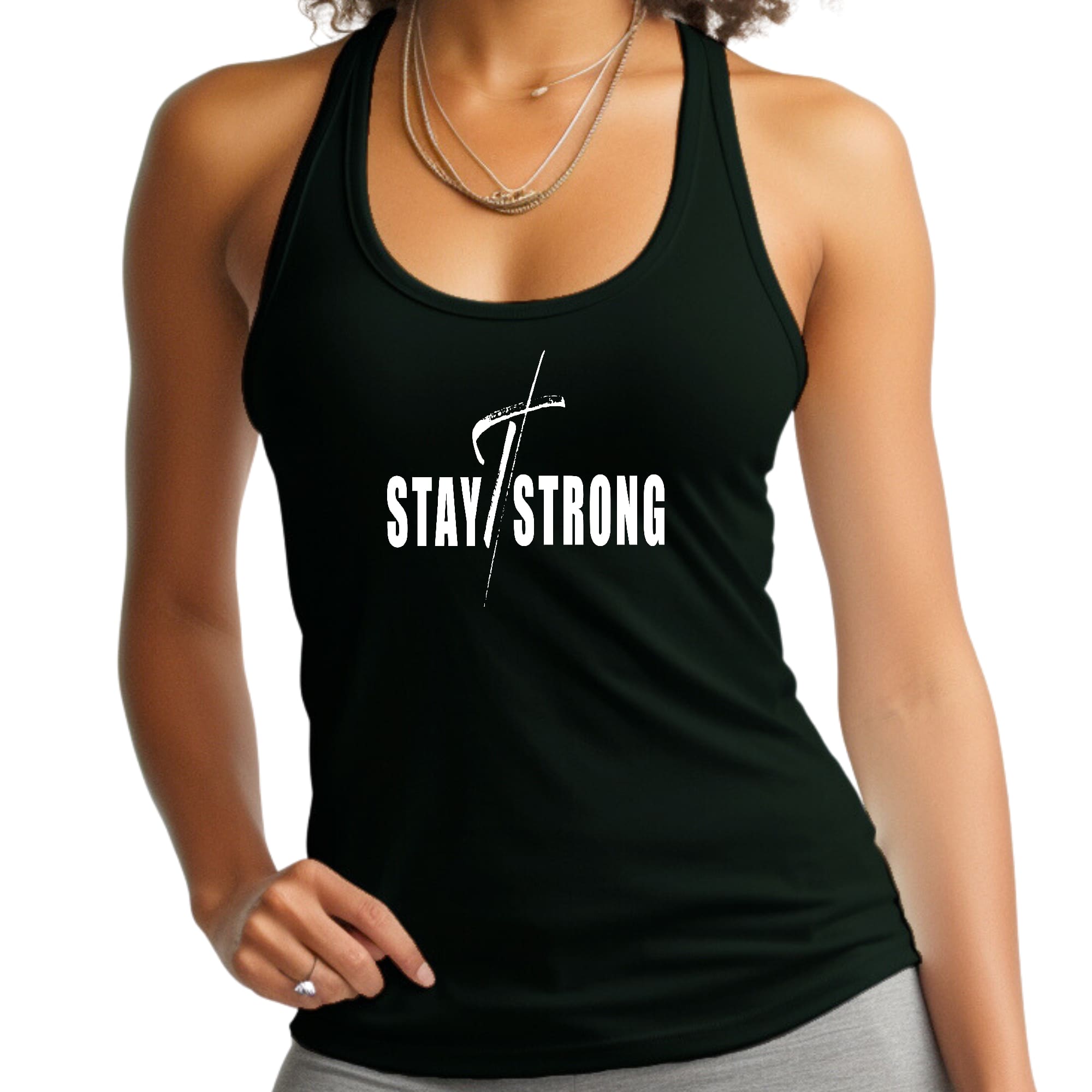 Womens Fitness Tank Top Graphic T-shirt Stay Strong with Cross White