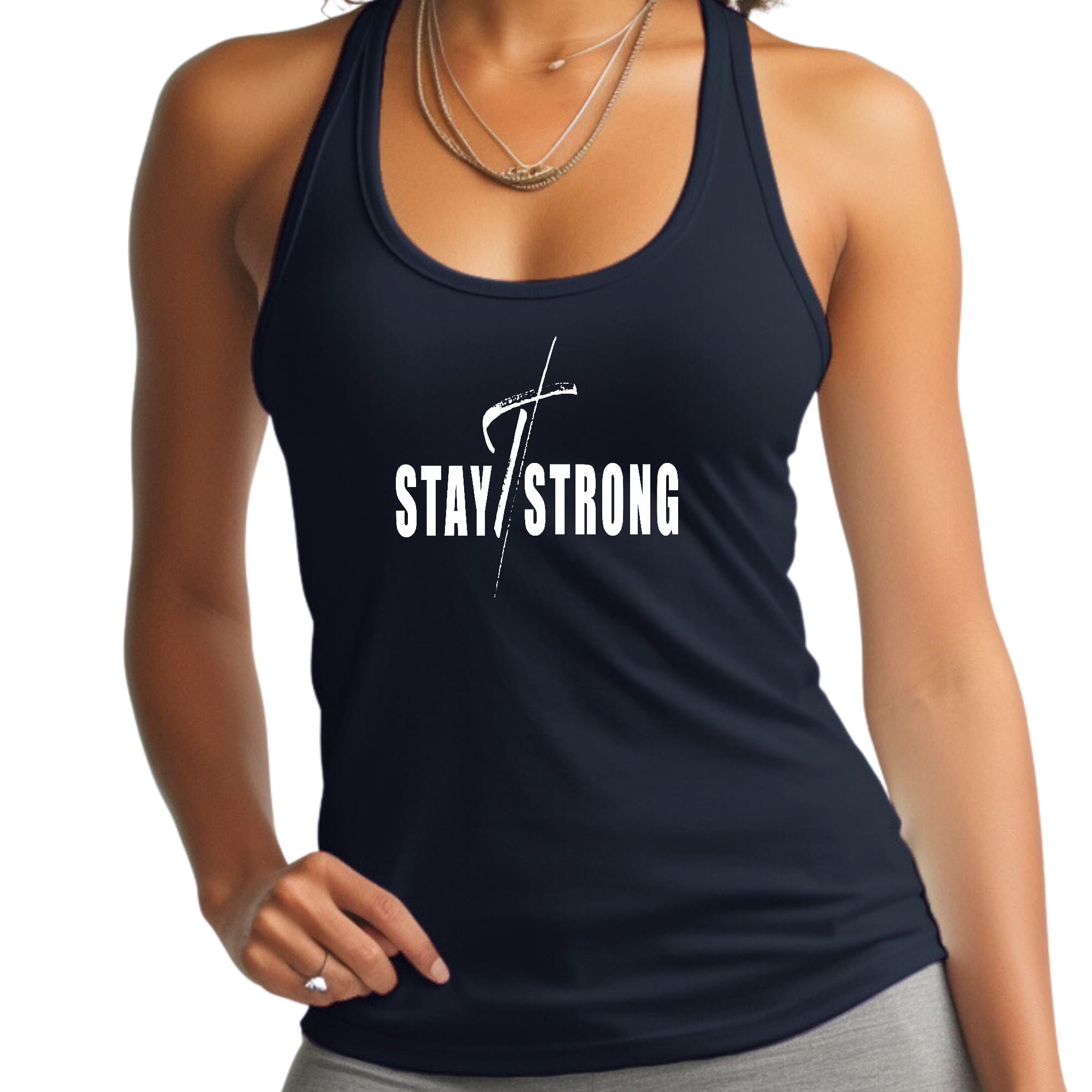 Womens Fitness Tank Top Graphic T-shirt Stay Strong with Cross White