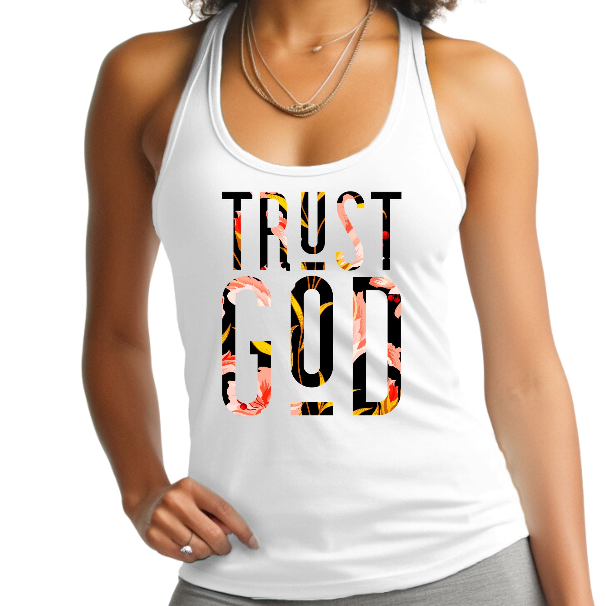 Womens Fitness Tank Top Graphic T-shirt - Trust God Floral Print
