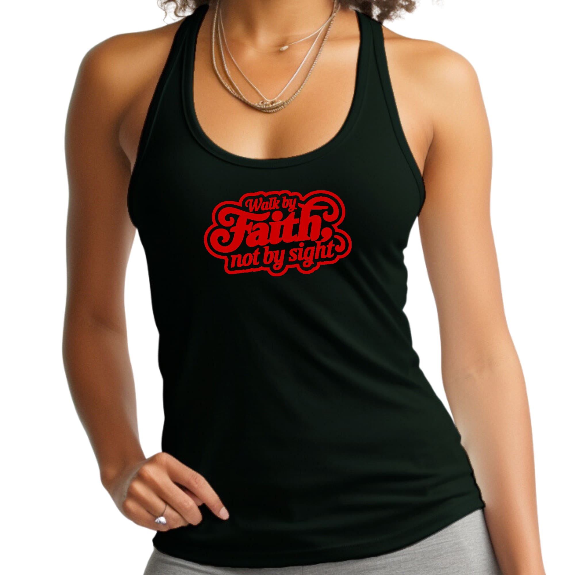 Womens Fitness Tank Top Graphic T-shirt - Walk by Faith - not by Sight