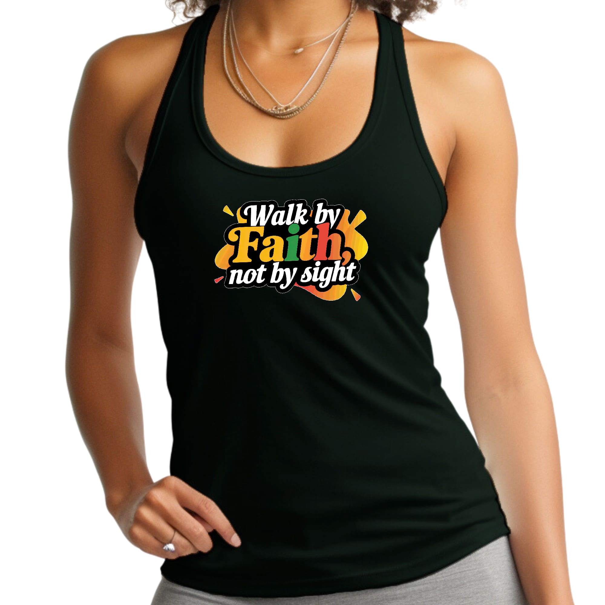 Womens Fitness Tank Top Graphic T-shirt - Walk by Faith - not by Sight