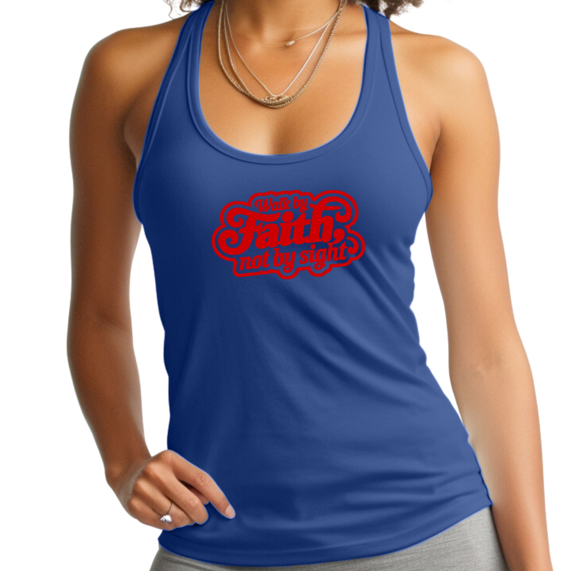 Womens Fitness Tank Top Graphic T-shirt - Walk by Faith - not by Sight