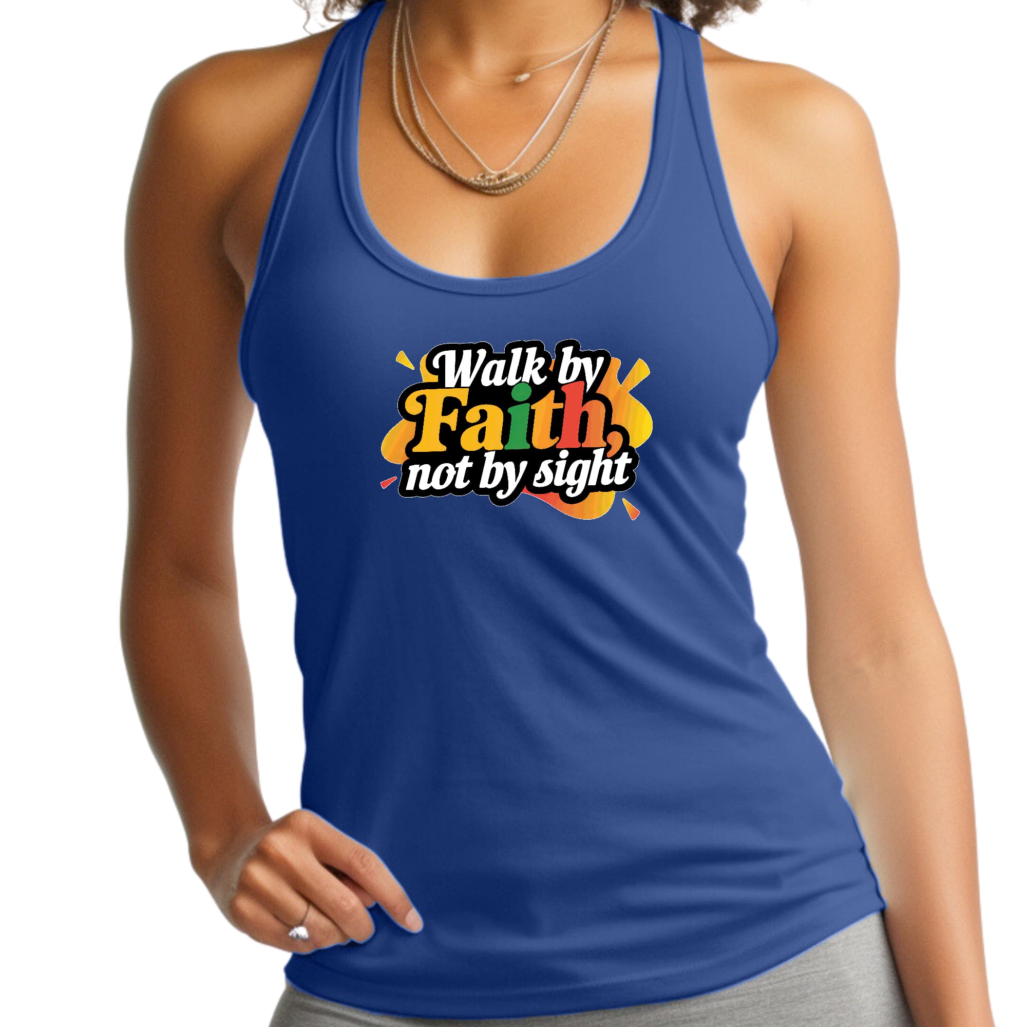 Womens Fitness Tank Top Graphic T-shirt - Walk by Faith - not by Sight