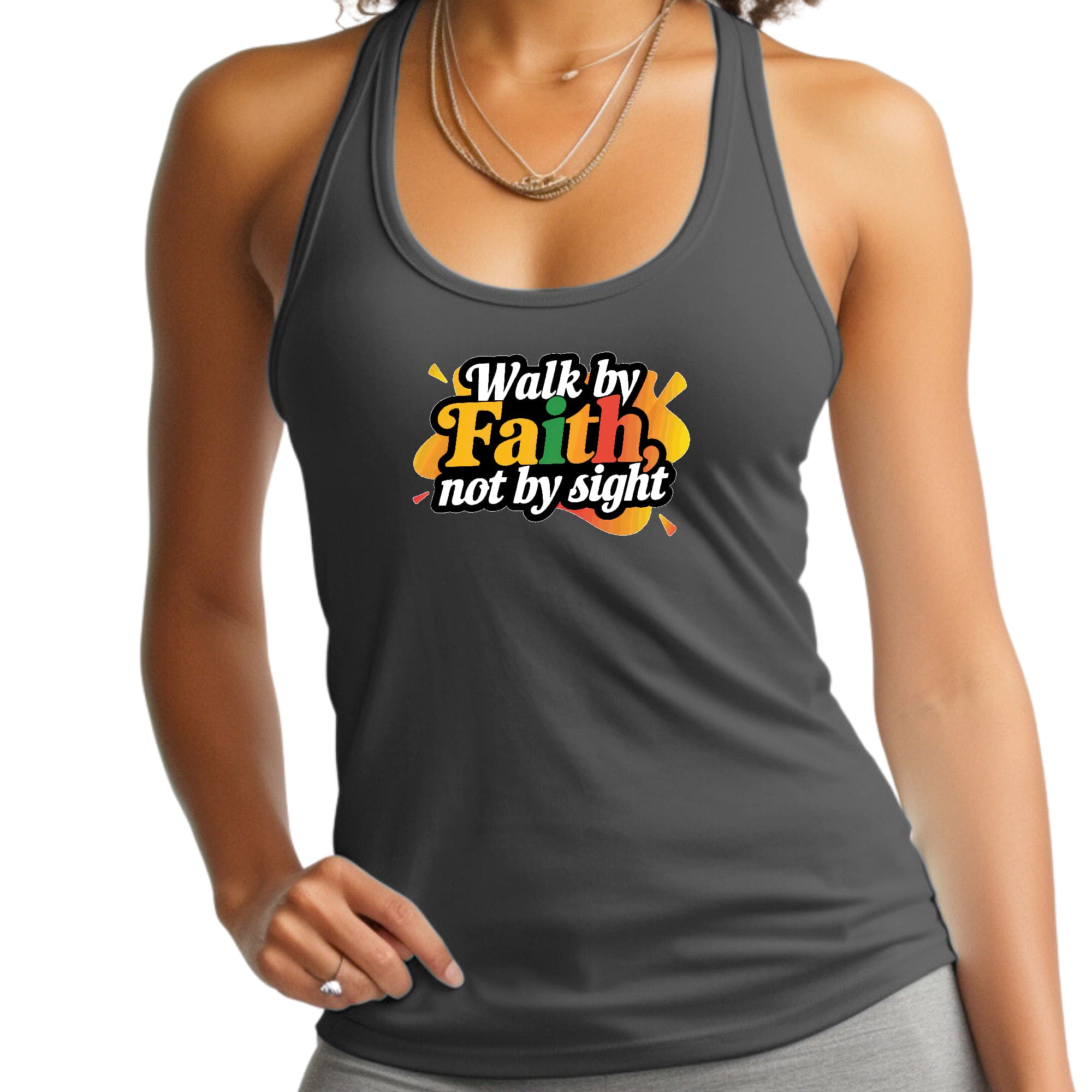 Womens Fitness Tank Top Graphic T-shirt - Walk by Faith - not by Sight