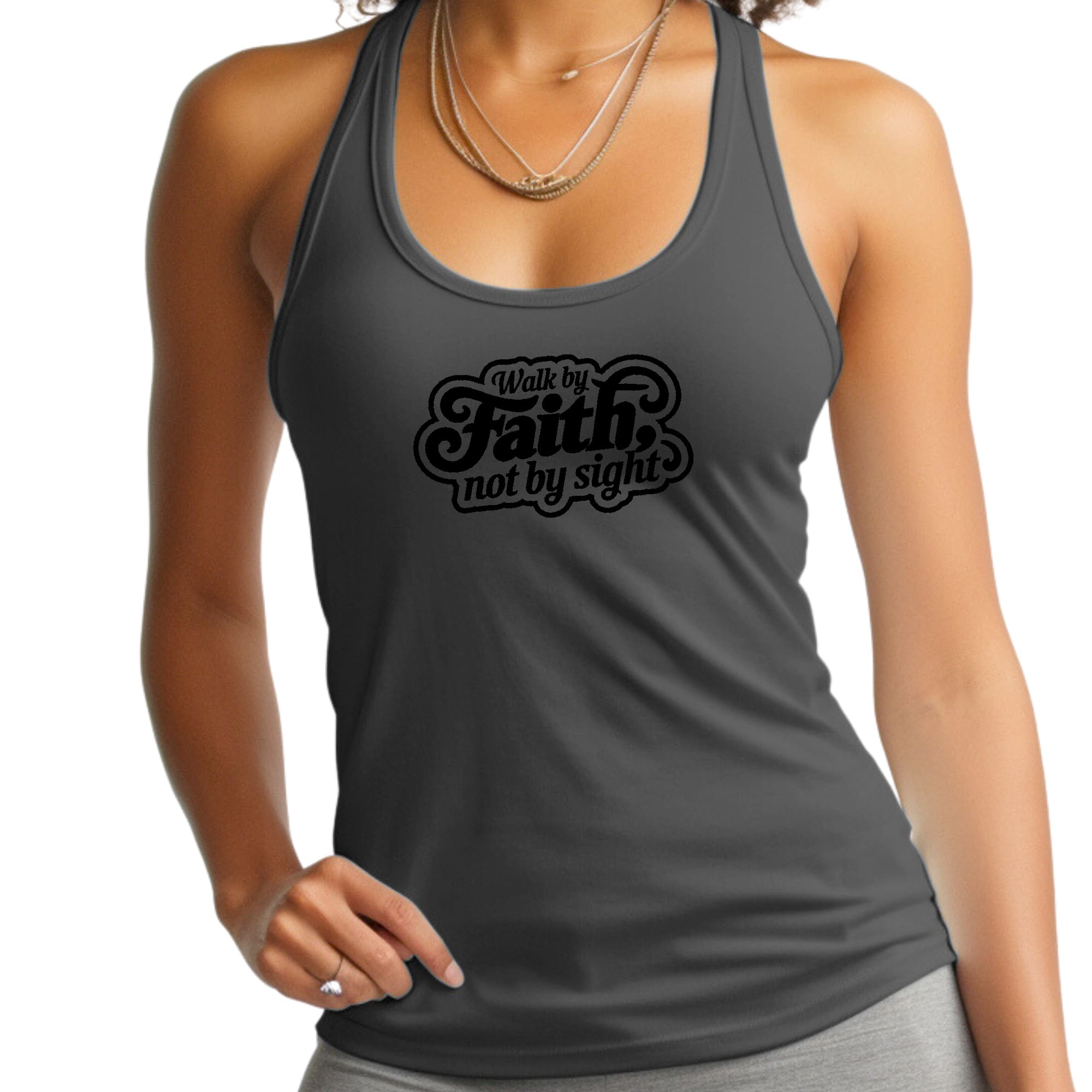 Womens Fitness Tank Top Graphic T-shirt - Walk by Faith - not by Sight