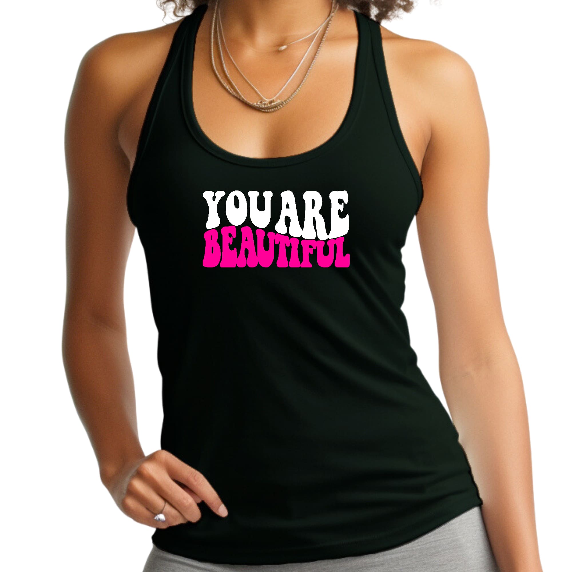 Womens Fitness Tank Top Graphic T-shirt you are Beautiful Pink White