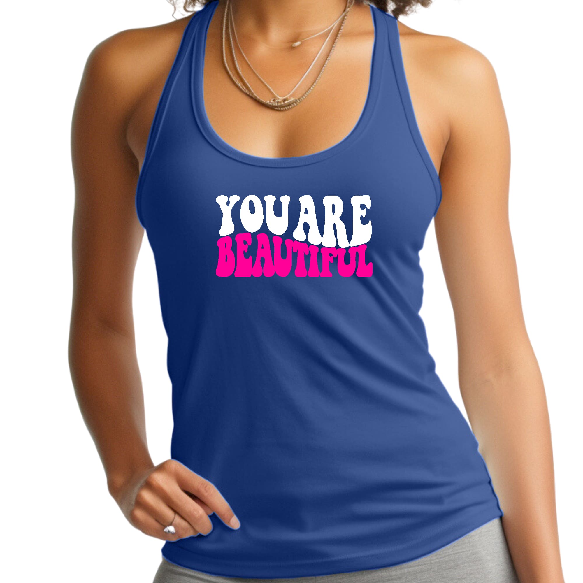 Womens Fitness Tank Top Graphic T-shirt you are Beautiful Pink White