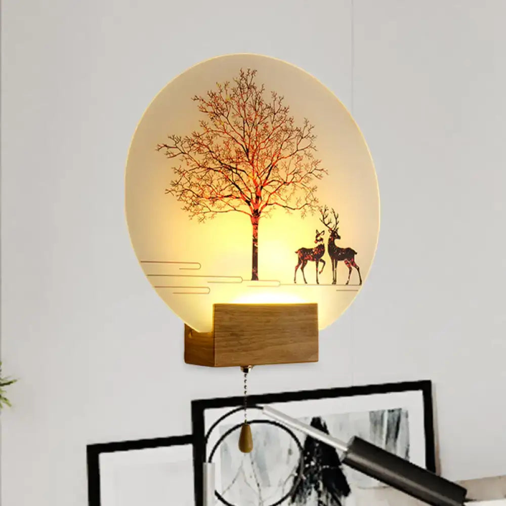 Wood deer tree mural led wall lamp with pull chain bedroom sconce