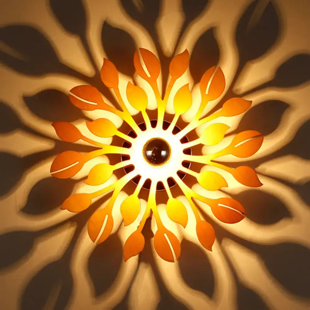 Wooden floral sunburst wall lamp orange & yellow bedroom light