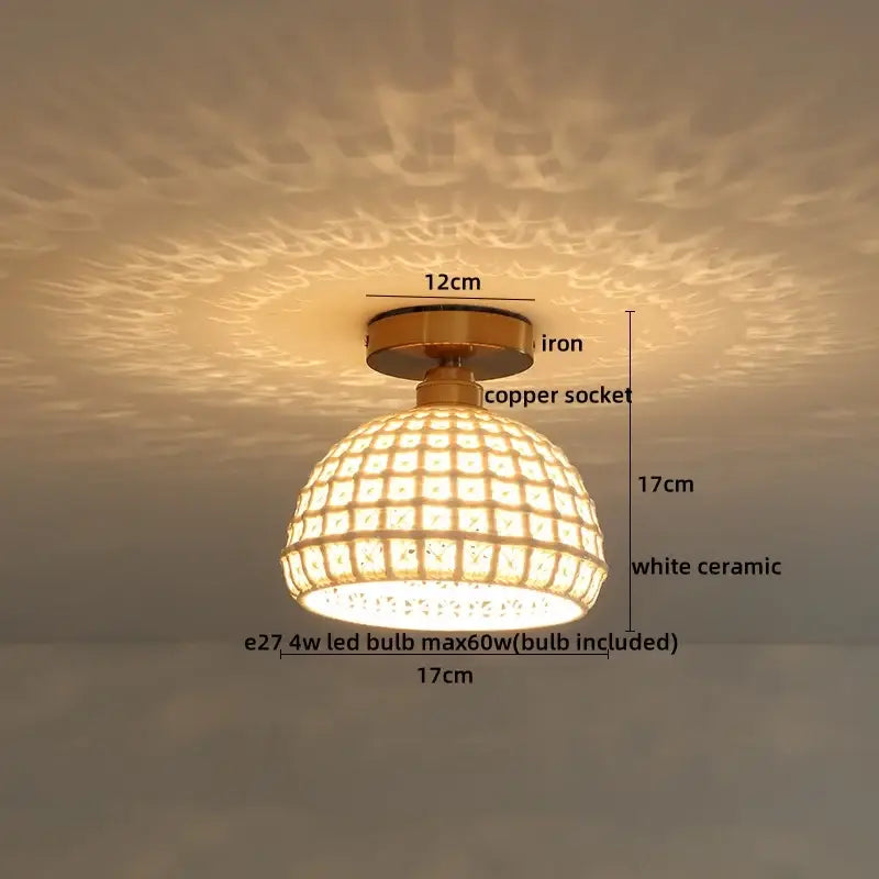 Woven ceramic led ceiling lamp – bedroom brass lattice dome