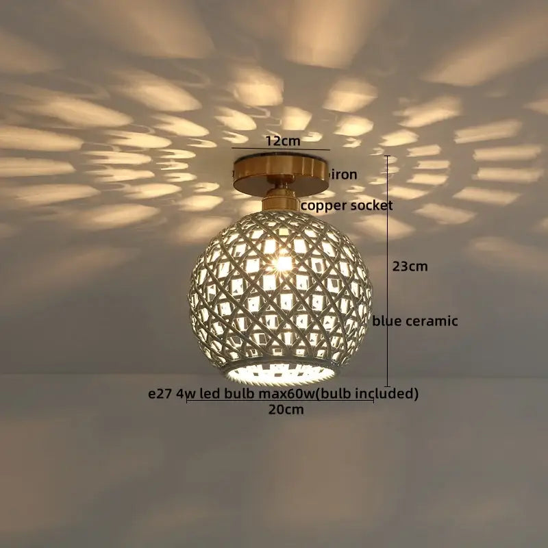 Woven ceramic led ceiling lamp – bedroom brass lattice dome