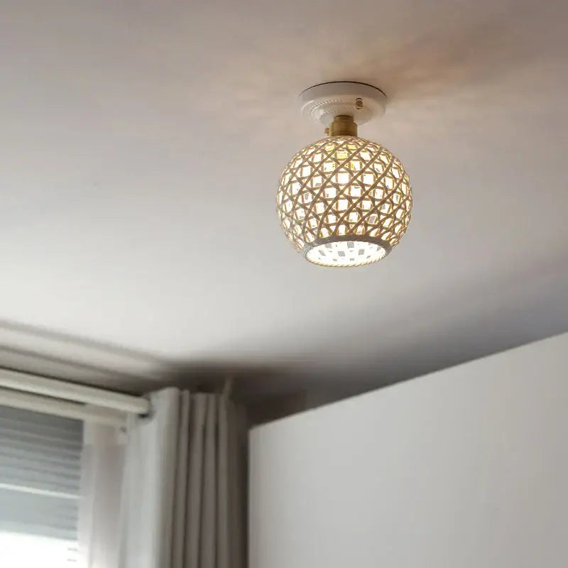 Woven ceramic led ceiling lamp – bedroom brass lattice dome
