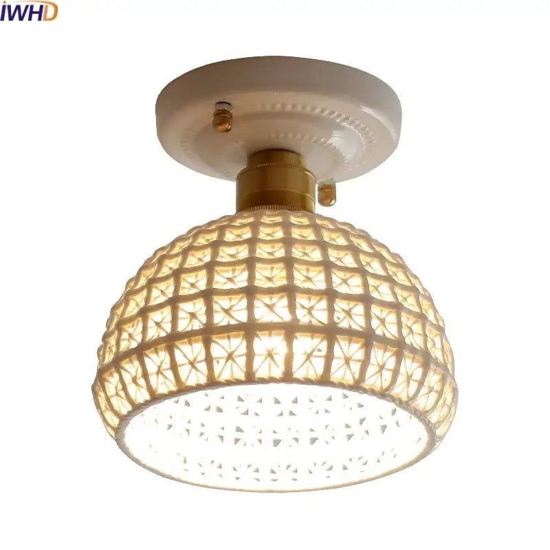 Woven ceramic led ceiling lamp – bedroom brass lattice dome