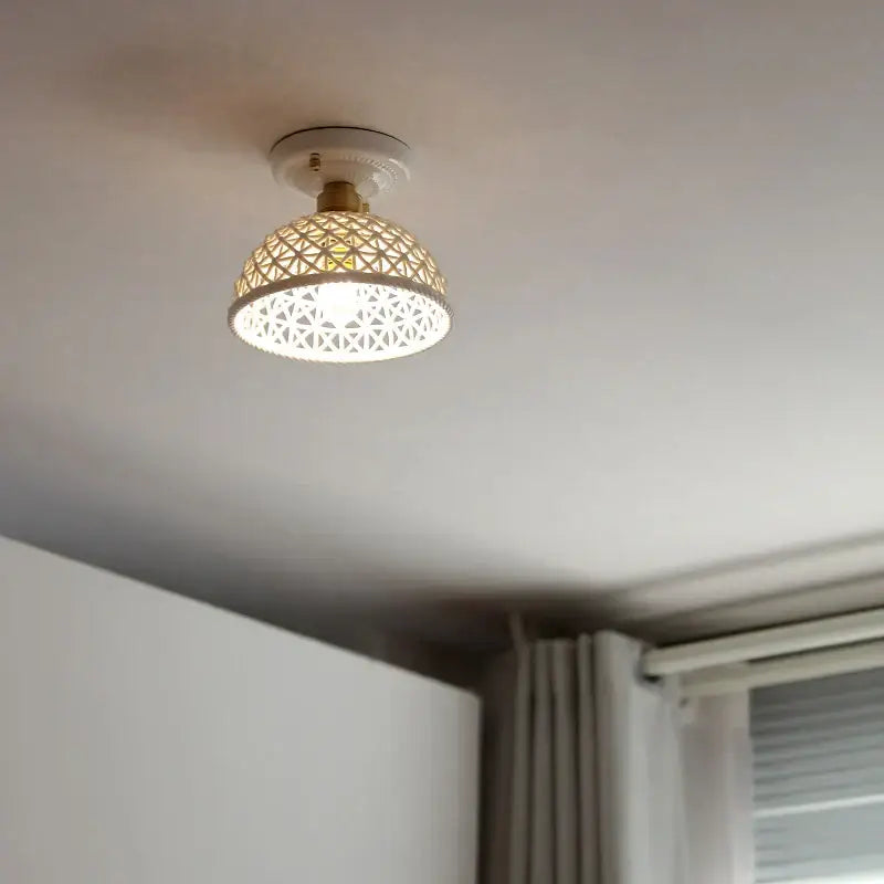 Woven ceramic led ceiling lamp – bedroom brass lattice dome