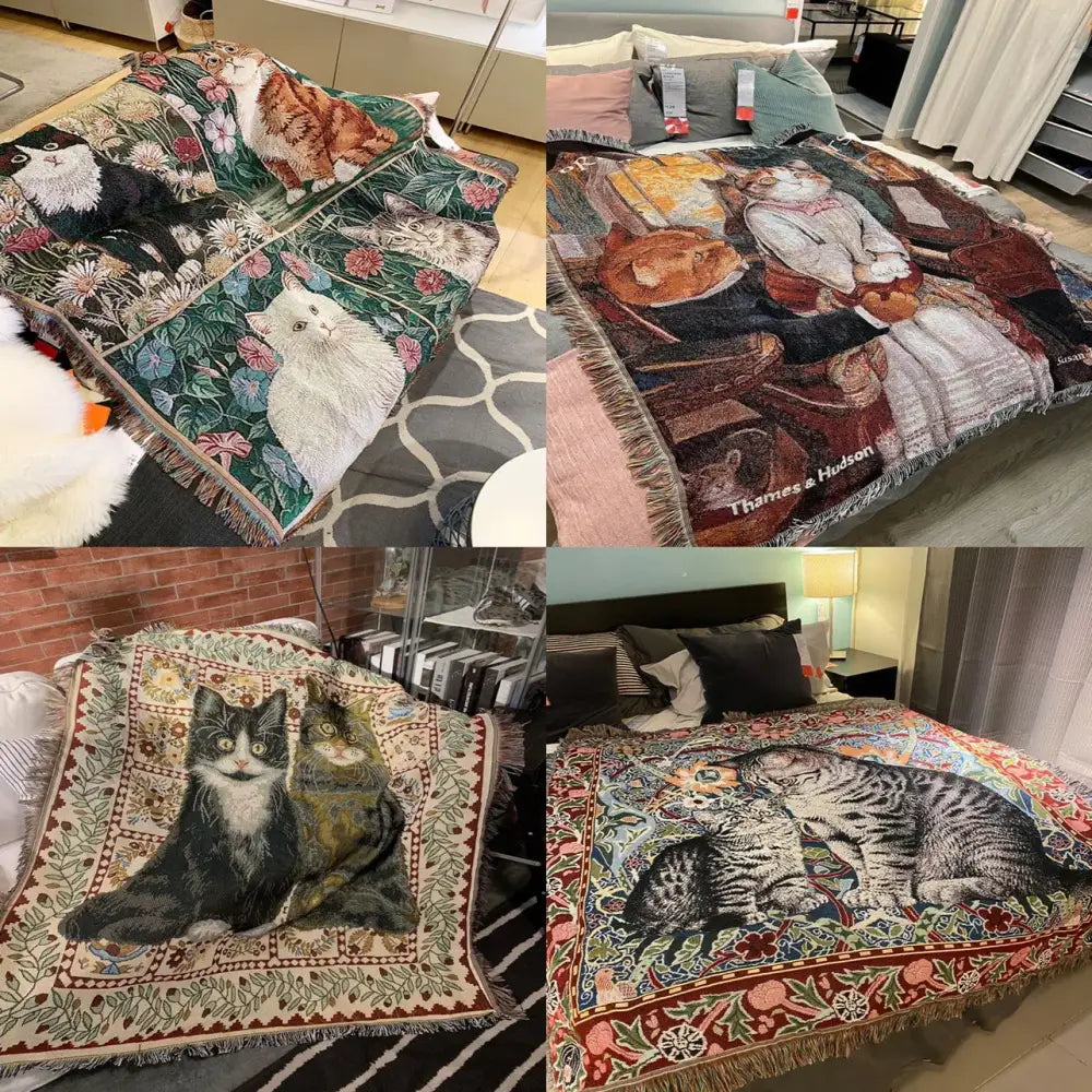 Woven colorful cat oil painting blanket bedroom throw decor